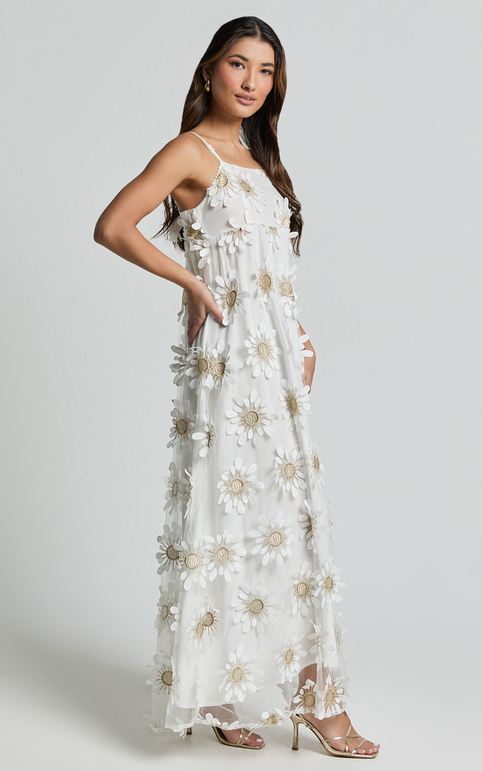 Candice Midi Dress - Straight Neck Floral Embroidery Detail Shift Dress in White