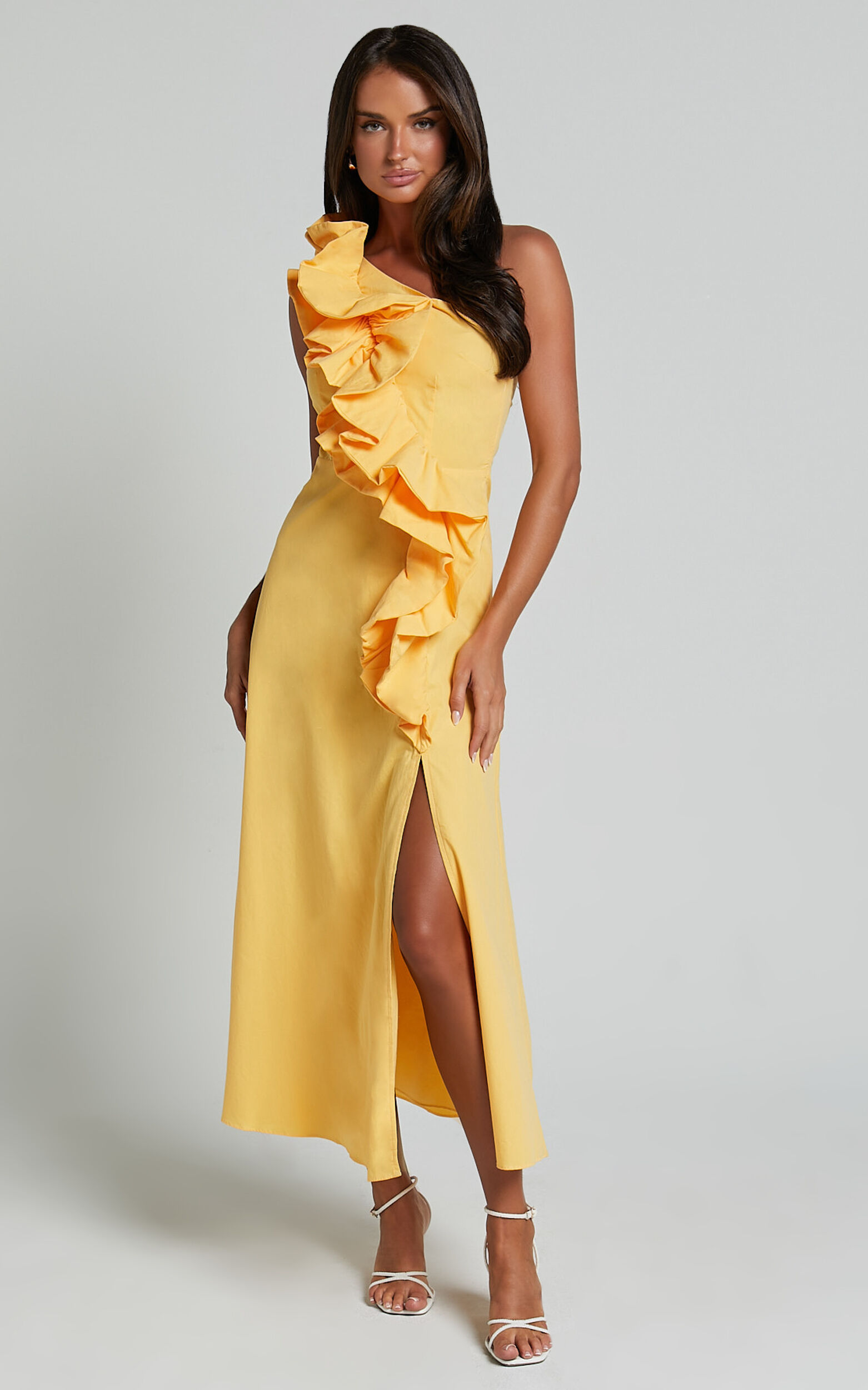 Rita Midi Dress - One Shoulder Ruffle Detail Dress in Yellow