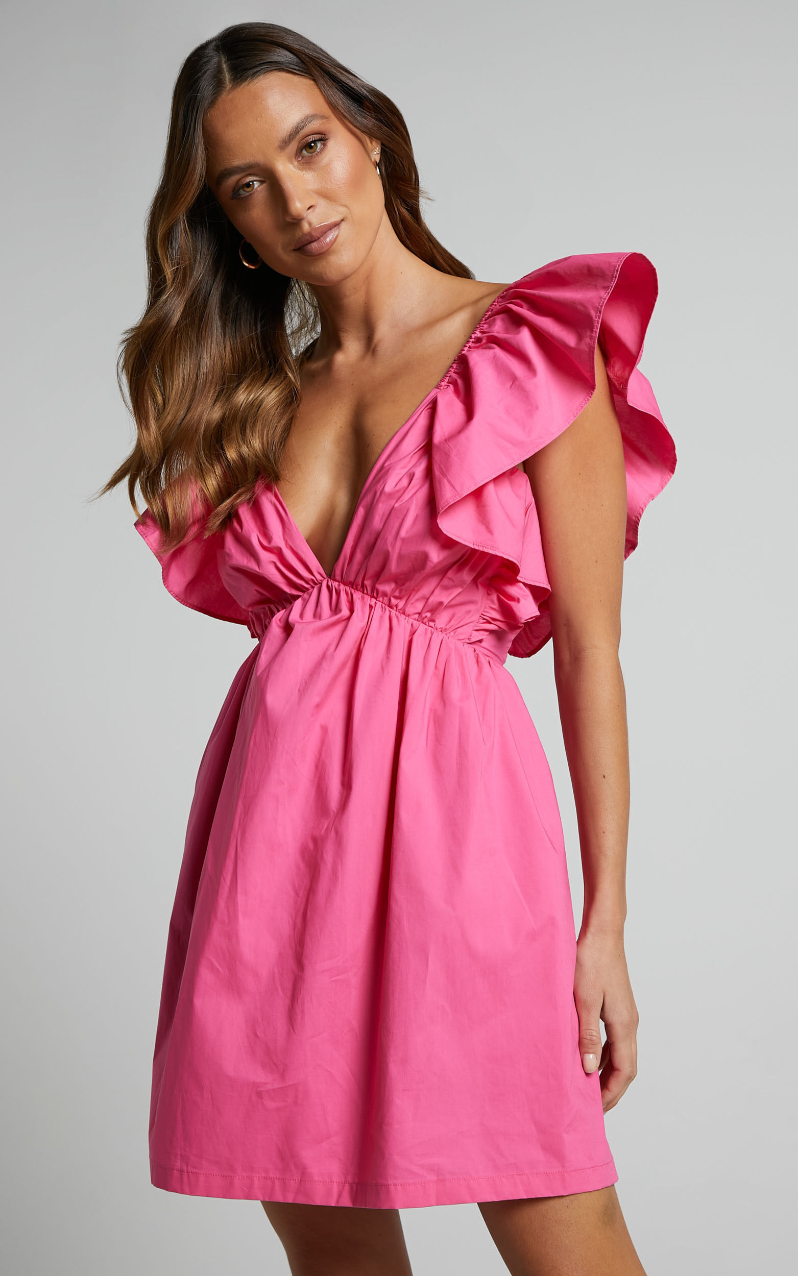 Raiza Mini Dress - Ruffle Sleeve Tie Back Plunge Dress in Fuchsia