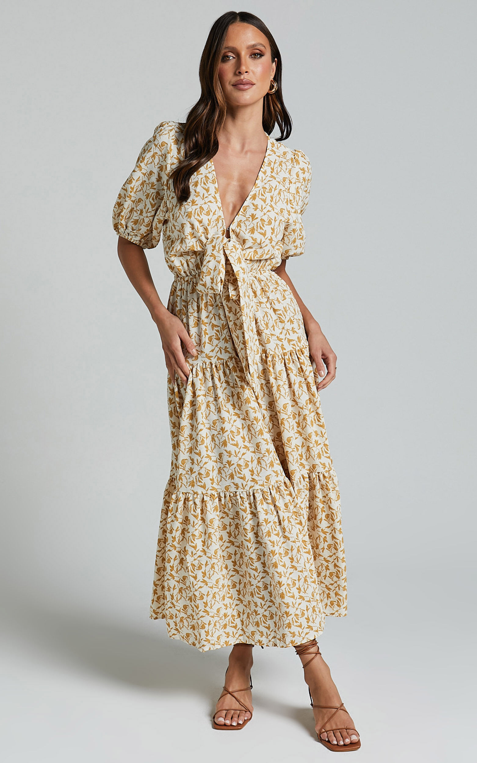 Alena Midi Dress - Short Puff Sleeve Tie Front Tiered Dress in Golden Floral