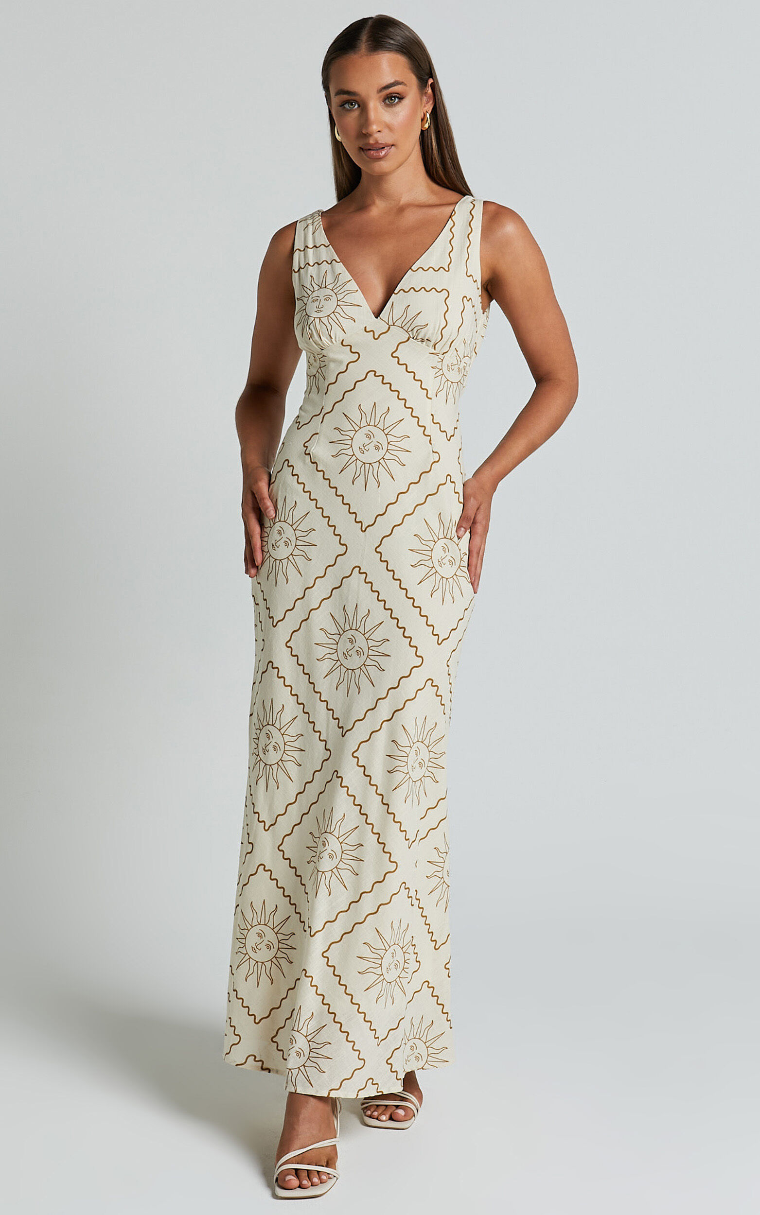 Sharlyn Midi Linen Dress - Deep V Neck Sleeveless Slip Dress in Beige Sun Print