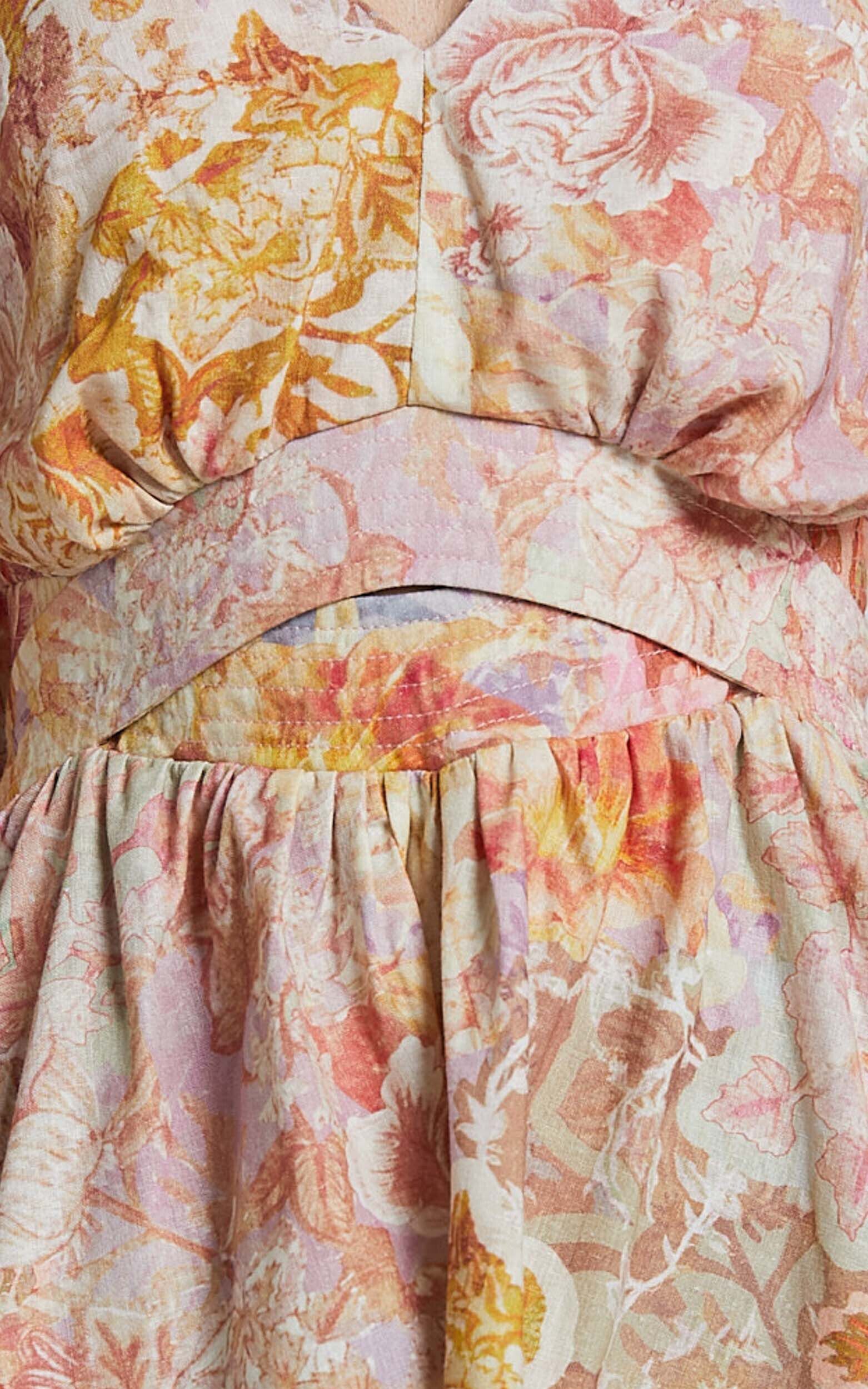 Amalie The Label - Movida Linen Blend Balloon Sleeve Crossover Band Mini Dress in Morocco Print