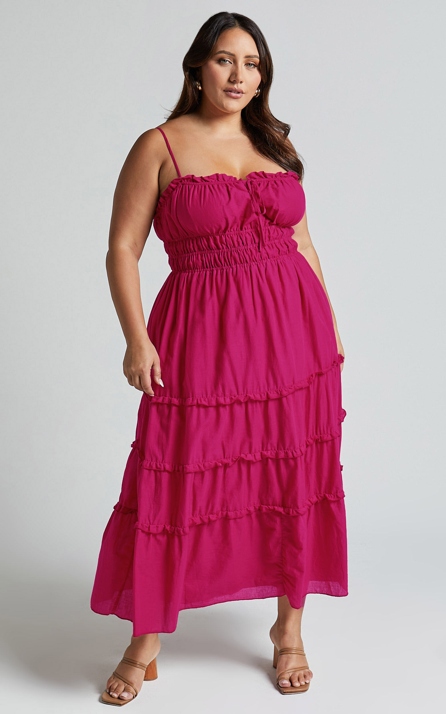 Schiffer Midi Dress - Strappy Ruched Tie Front Tiered Dress in Raspberry