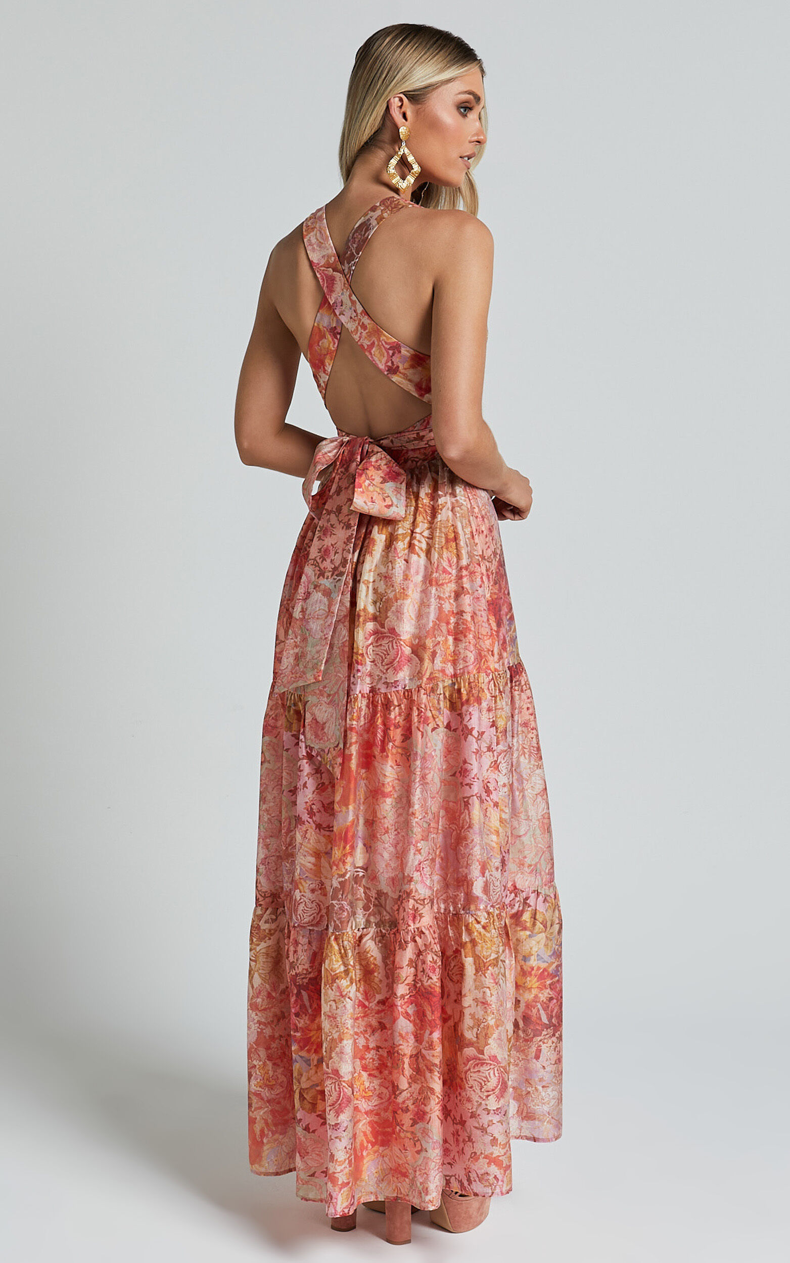 Amalie The Label - Monte Plunge Neck Tie Back Tiered Maxi Dress in Morocco Print