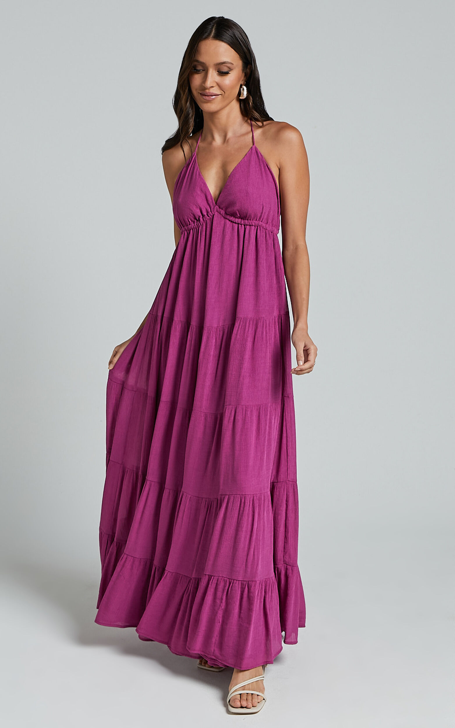 Claudia Maxi Dress - Halter Neck Low Back Empire Waist Tiered Dress in Magenta