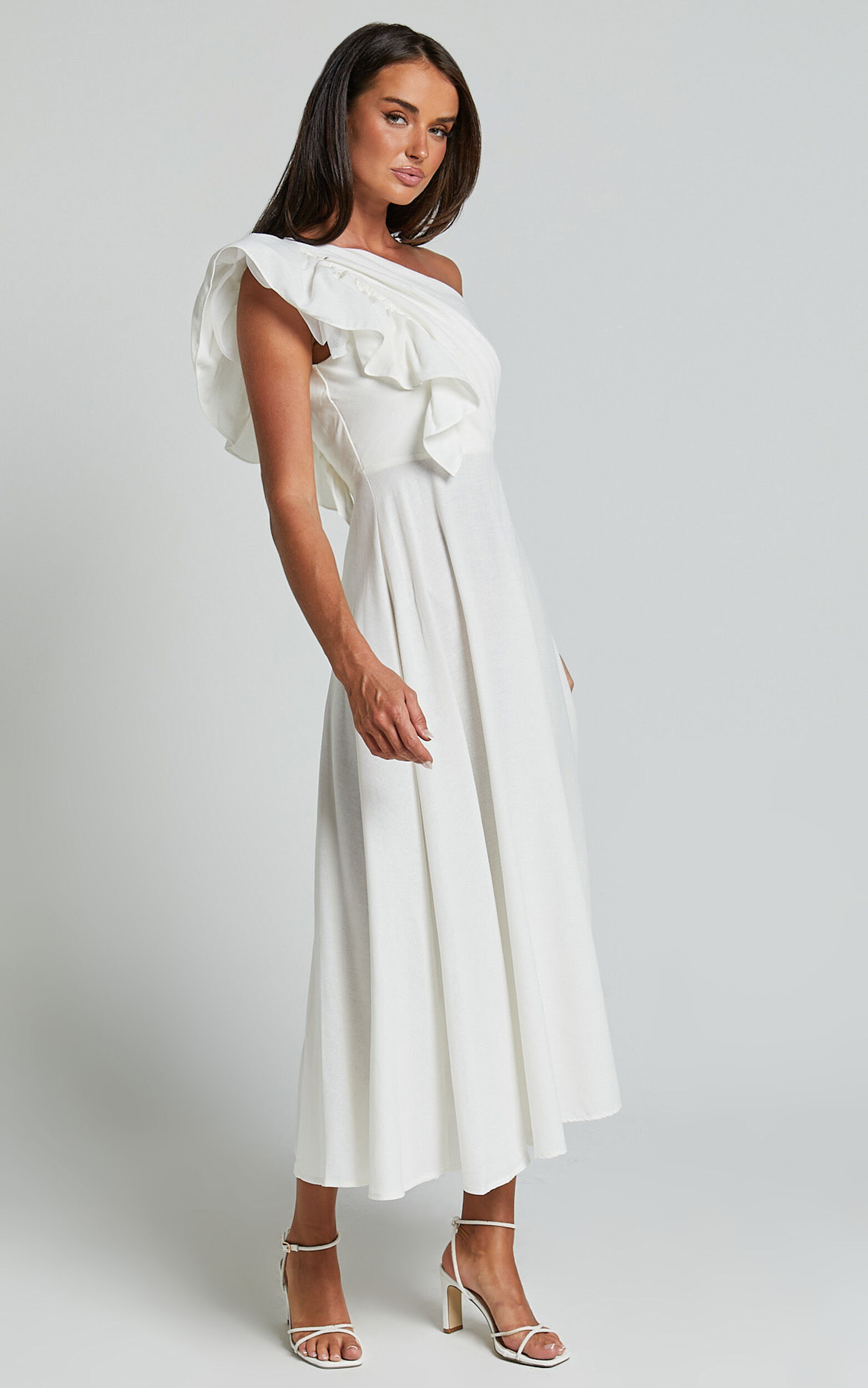 Dixie Midi Dress - Linen Look One Shoulder Ruffle Dress in White