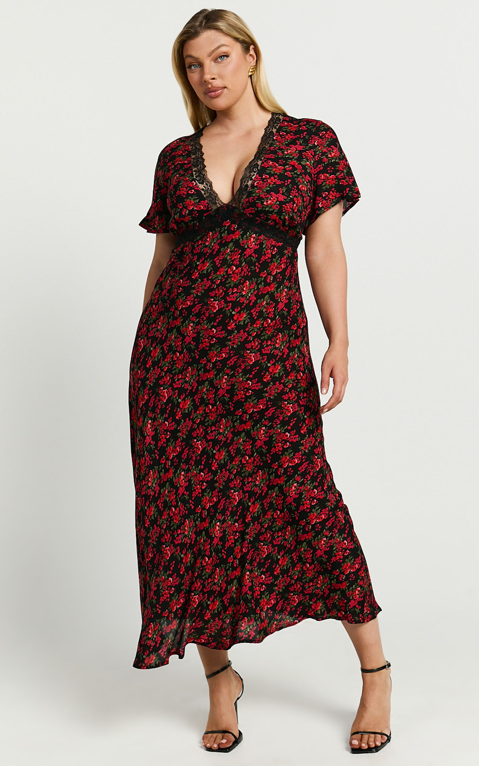 Vanya Midi Dress - V Neck Short Sleeve Lace Trim Tie Back Slip Dress in Black Floral