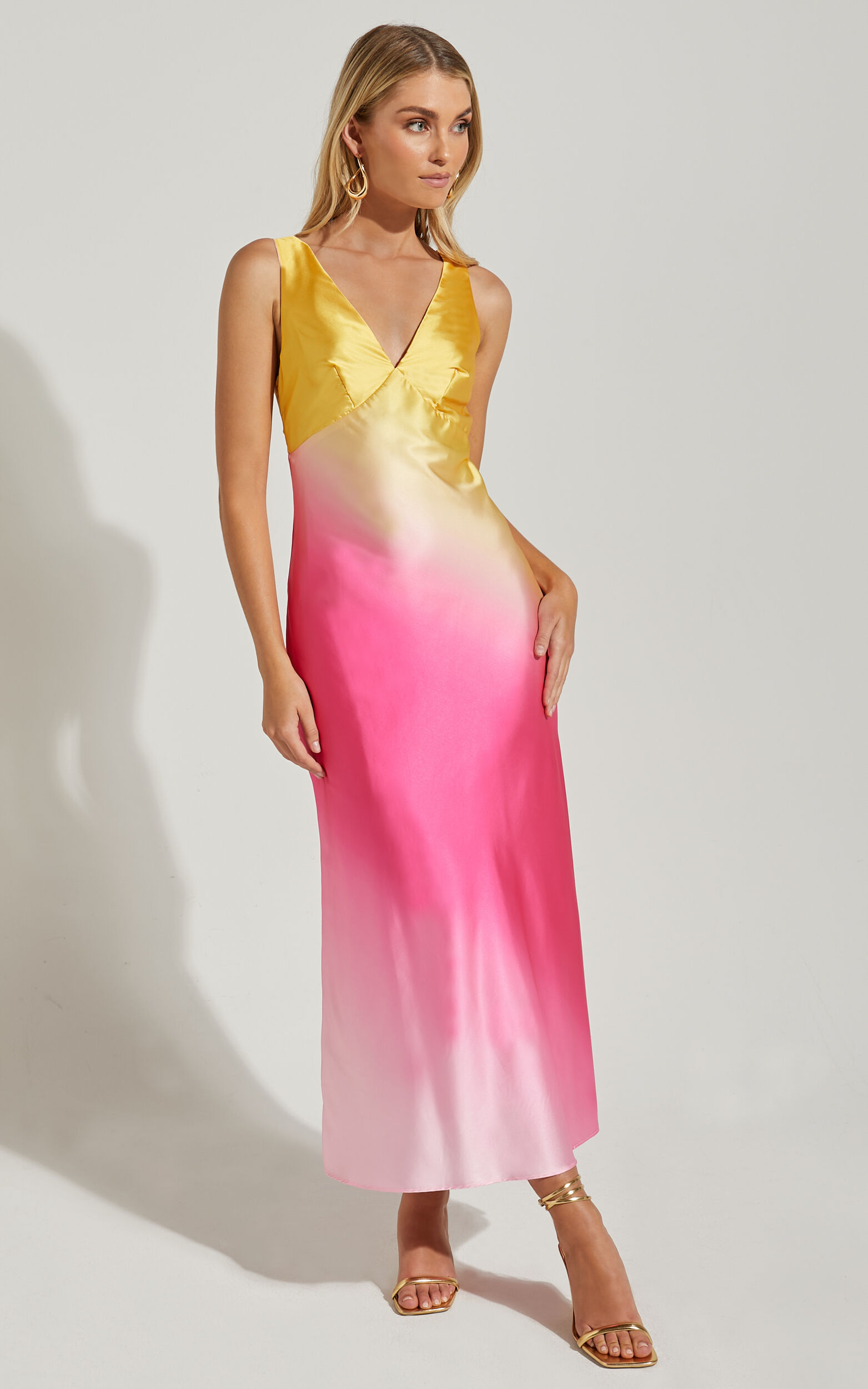 Erika Midi Dress - V Neck Satin Slip Dress in SUNSET OMBRE