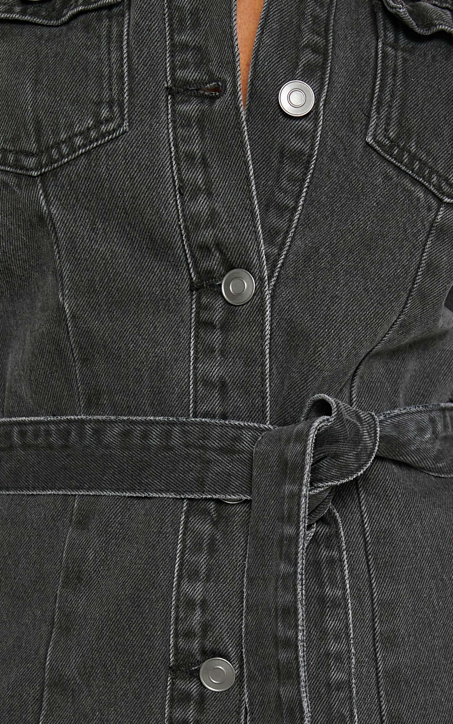 Enriquetta Mini Dress - Cotton Denim Long Sleeve Button Up Dress in Washed Black