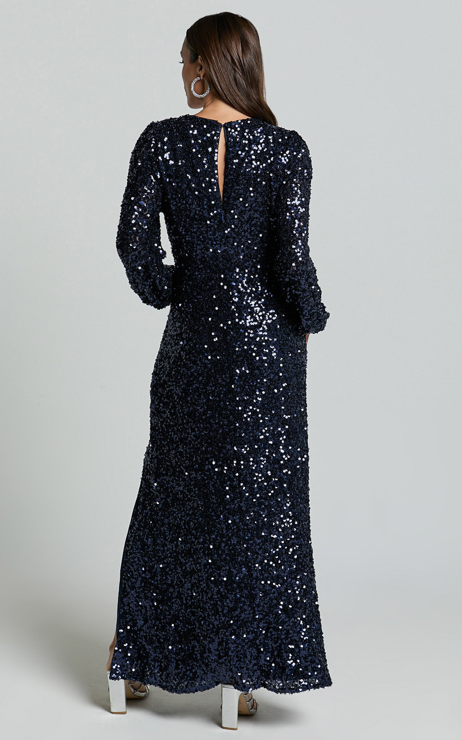 Mariella Midi Dress - Sequin Long Sleeve Thigh Split Dress in Navy