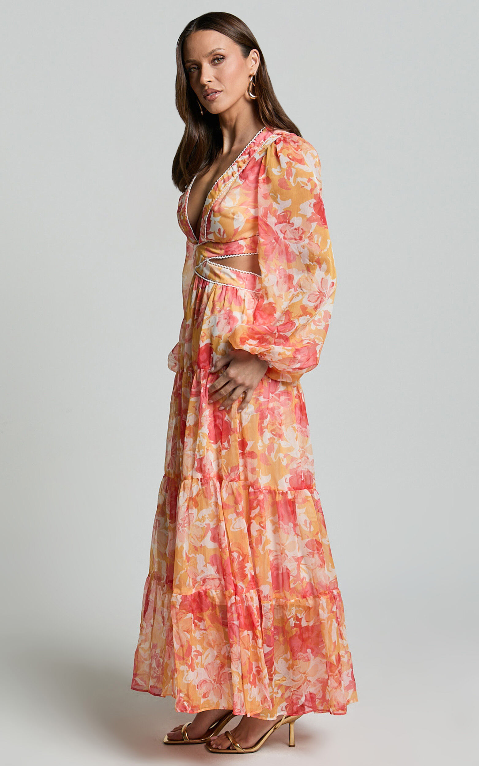 Anthea Midi Dress - V Neck Cut Out Tiered Dress in Yellow Print