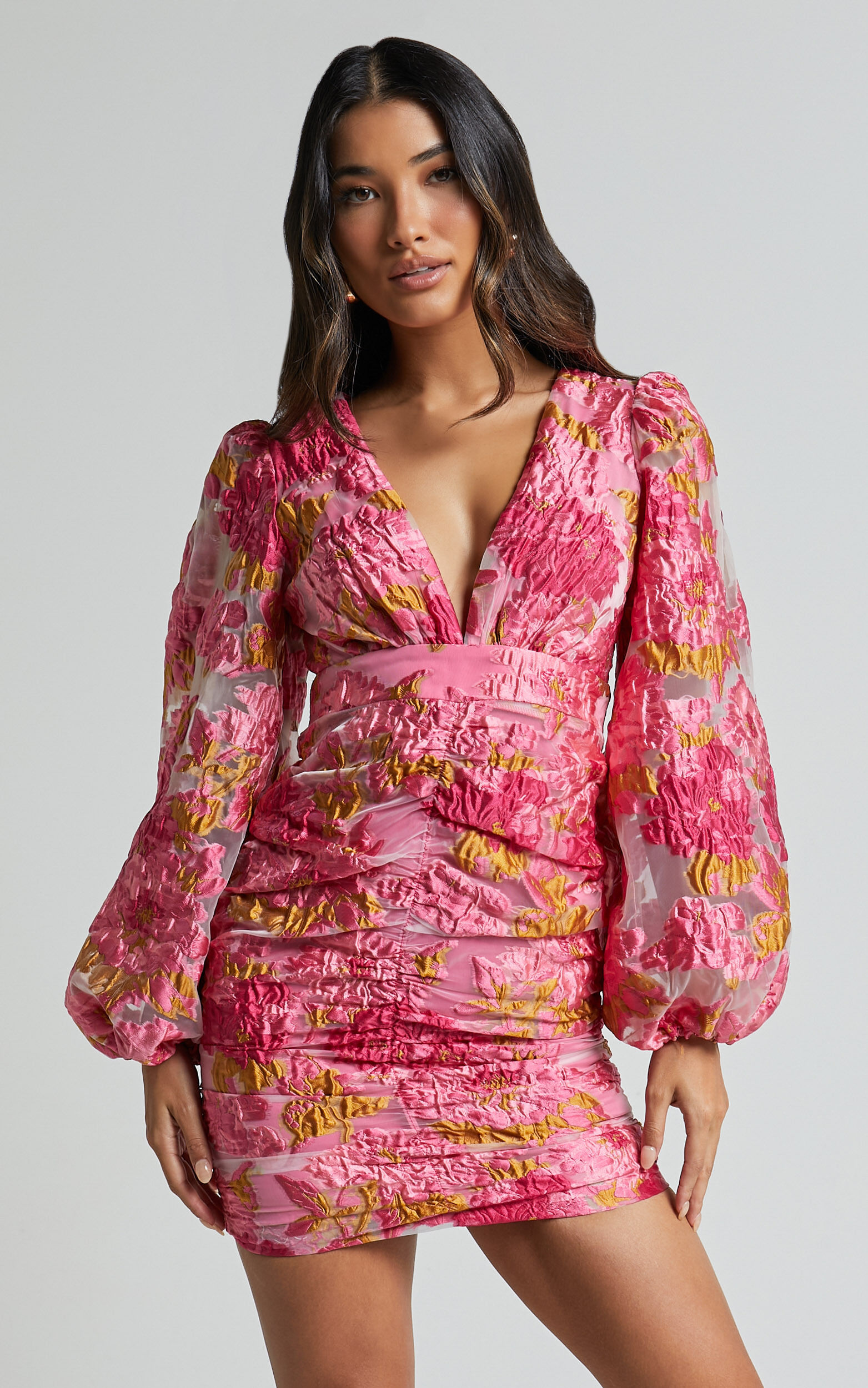 Farrah Mini Dress - Plunge Neck Long Sleeve Bodycon Dress in Pink