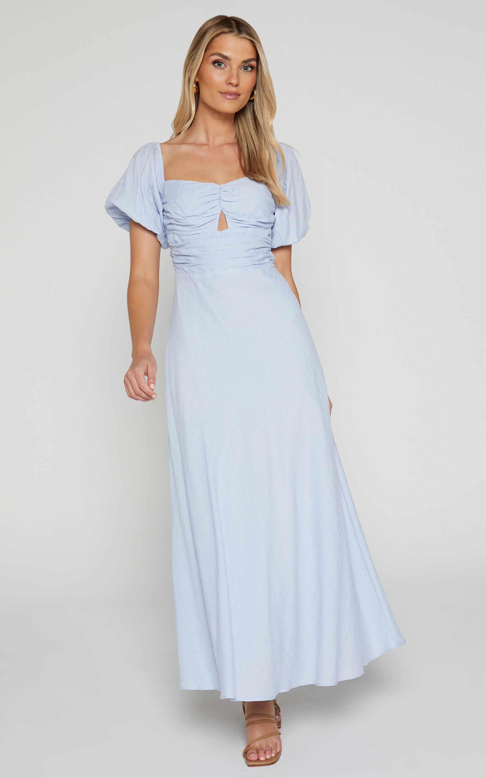 Vynna Midi Dress - Scoop Neck Puff Sleeve Ruched Bust A Line Dress in Blue