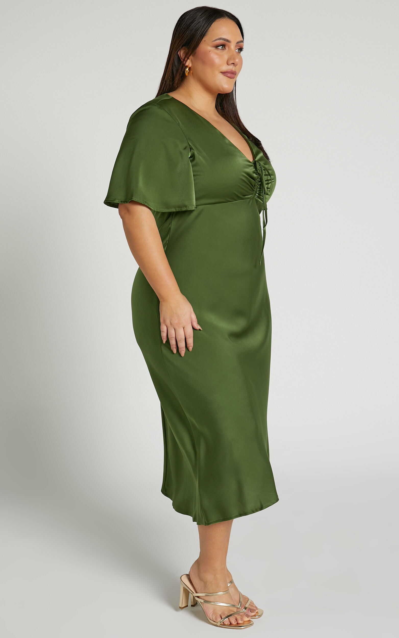 Nicholla Midi Dress - Ruched Front Angel Sleeve Slip Dress in Olive