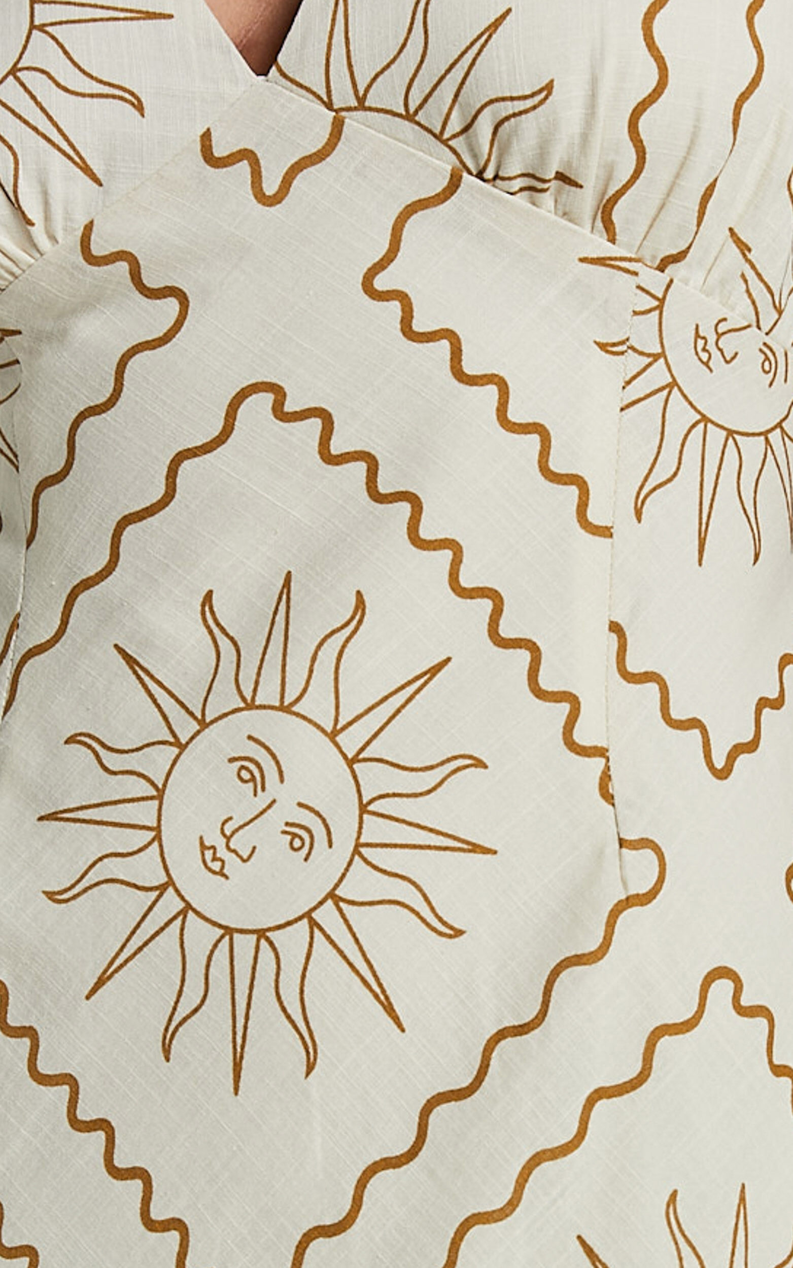 Sharlyn Midi Linen Dress - Deep V Neck Sleeveless Slip Dress in Beige Sun Print