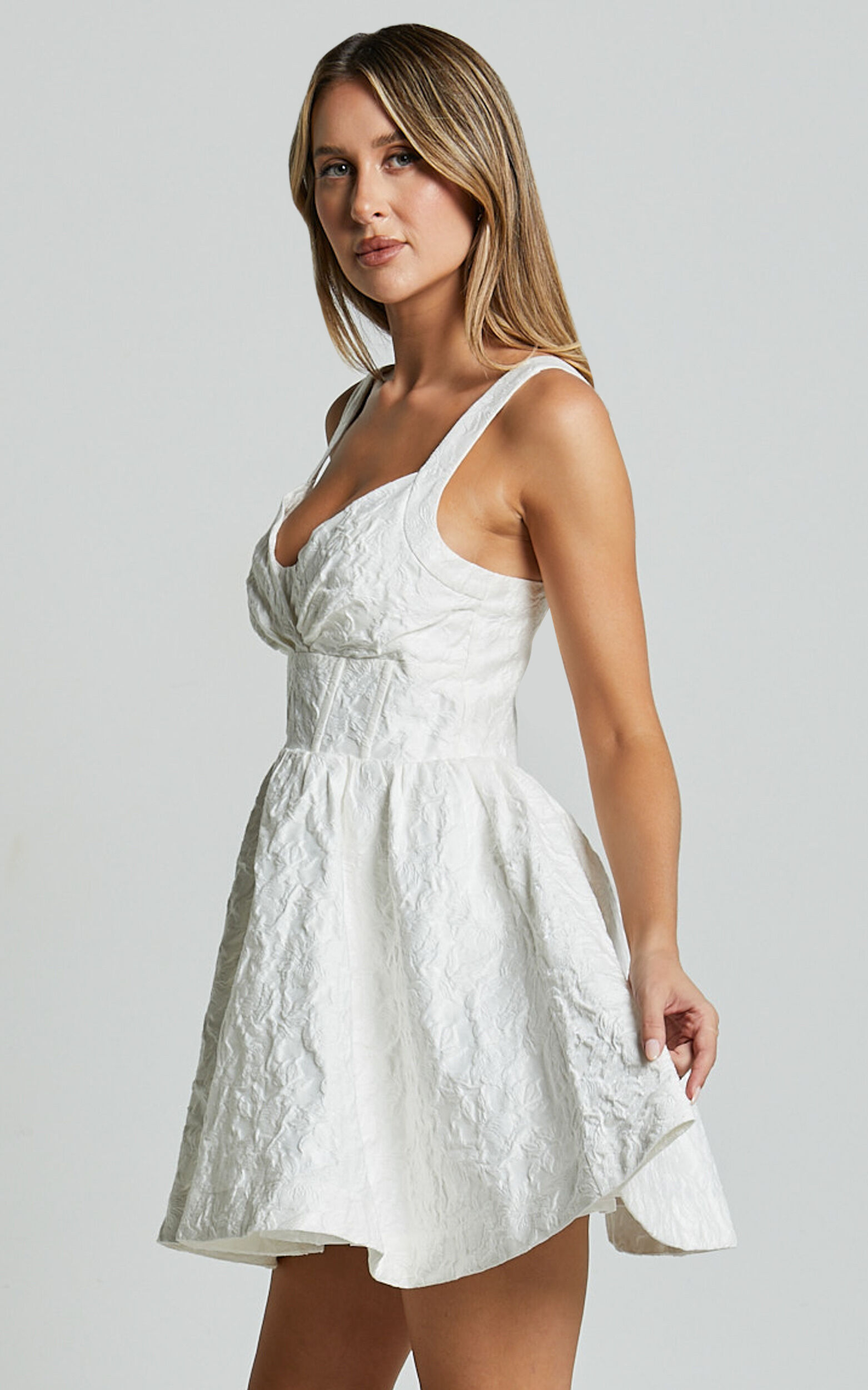 Cate Mini Dress - Sweetheart Pleated Bust Jacquard Mini Dress in White