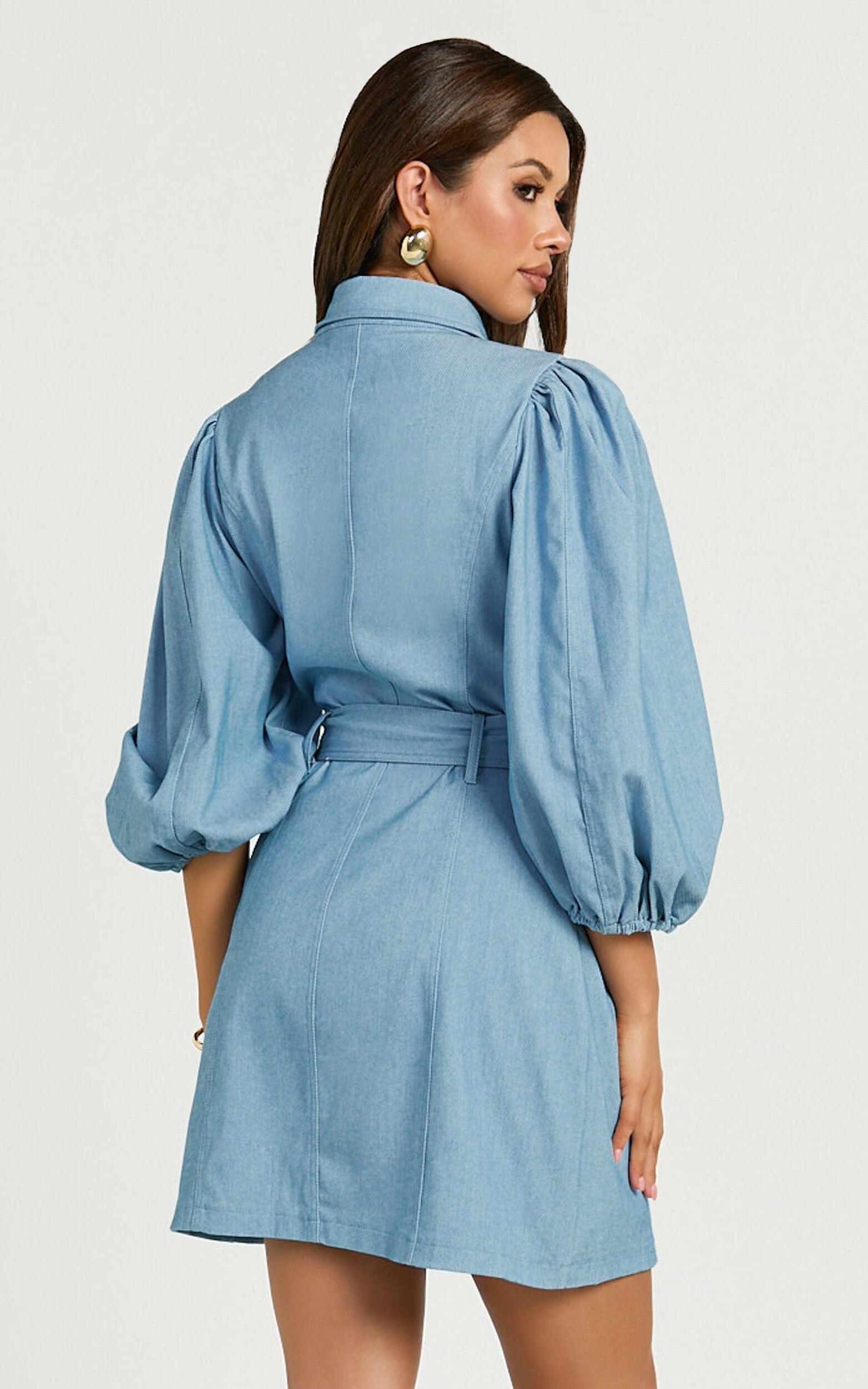 Aubrie Mini Dress - Blouson Sleeve Button Through Belted Dress in Light Blue