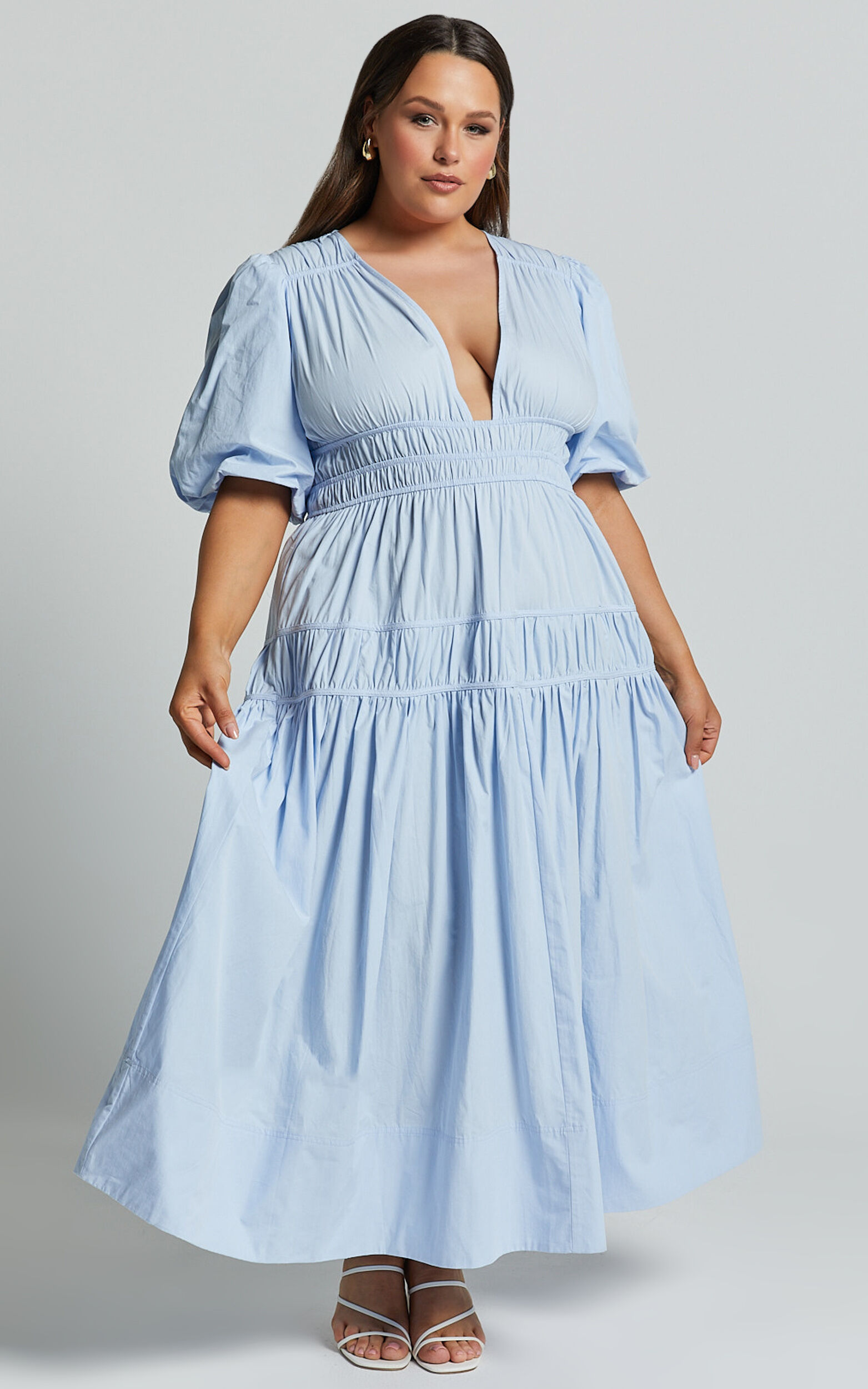 Mellie Midi Dress - Puff Sleeve Plunge Tiered Dress in Soft Blue