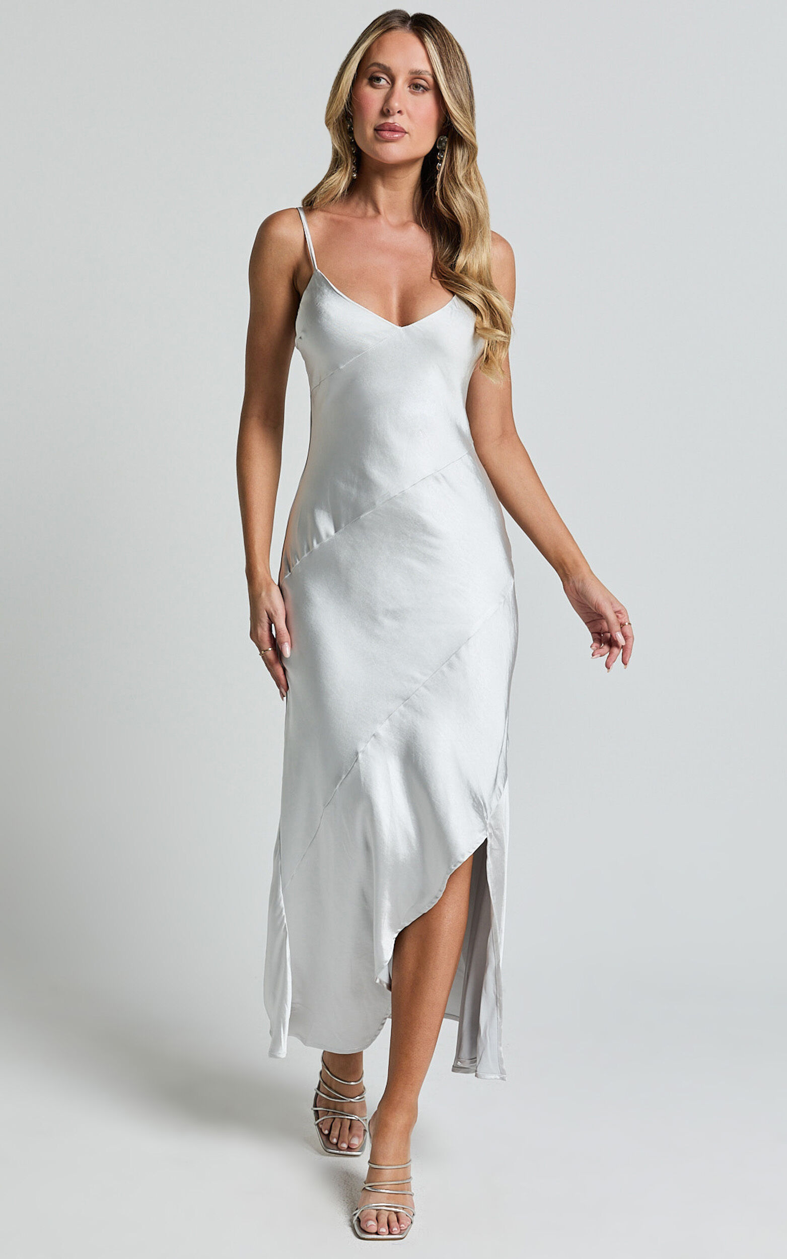 Ylona Maxi Dress - Asymmetric Draped Bias Cut Satin Slip Dress in Oyster