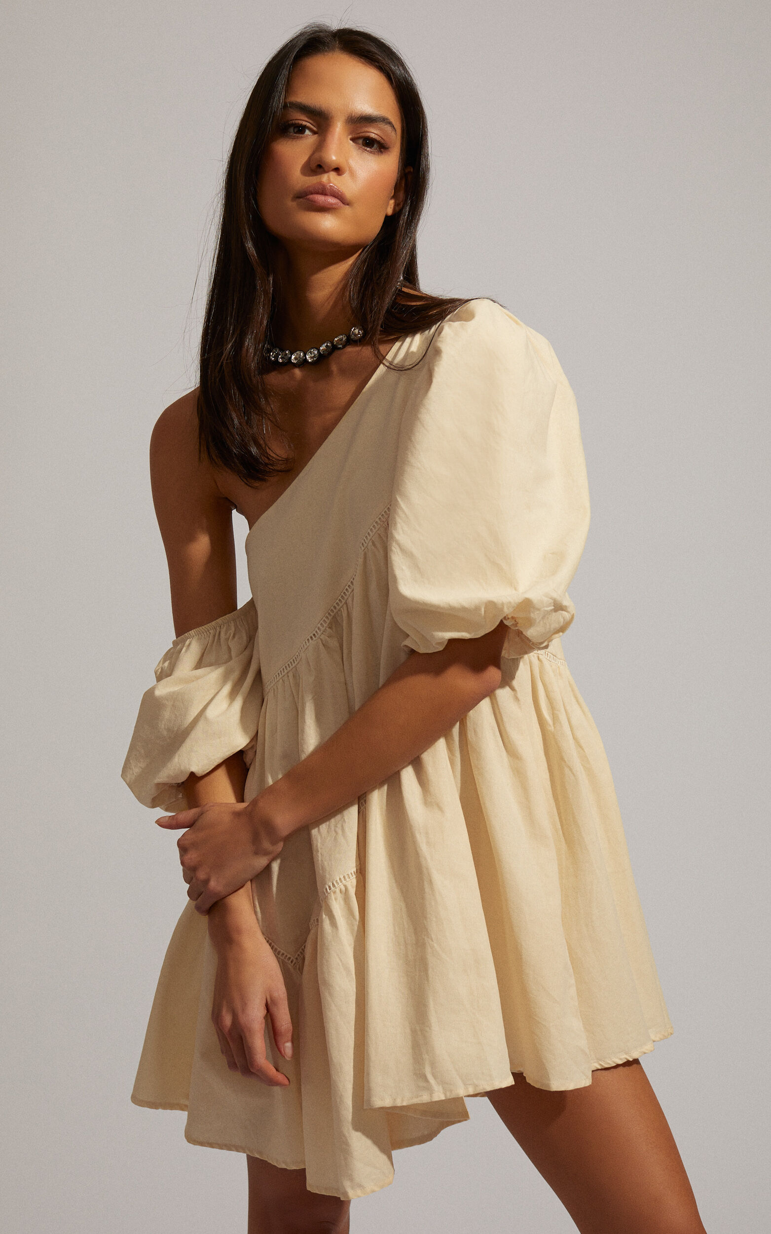 Harleen Mini Dress - Linen Asymmetrical Trim Puff Sleeve Dress in Beige