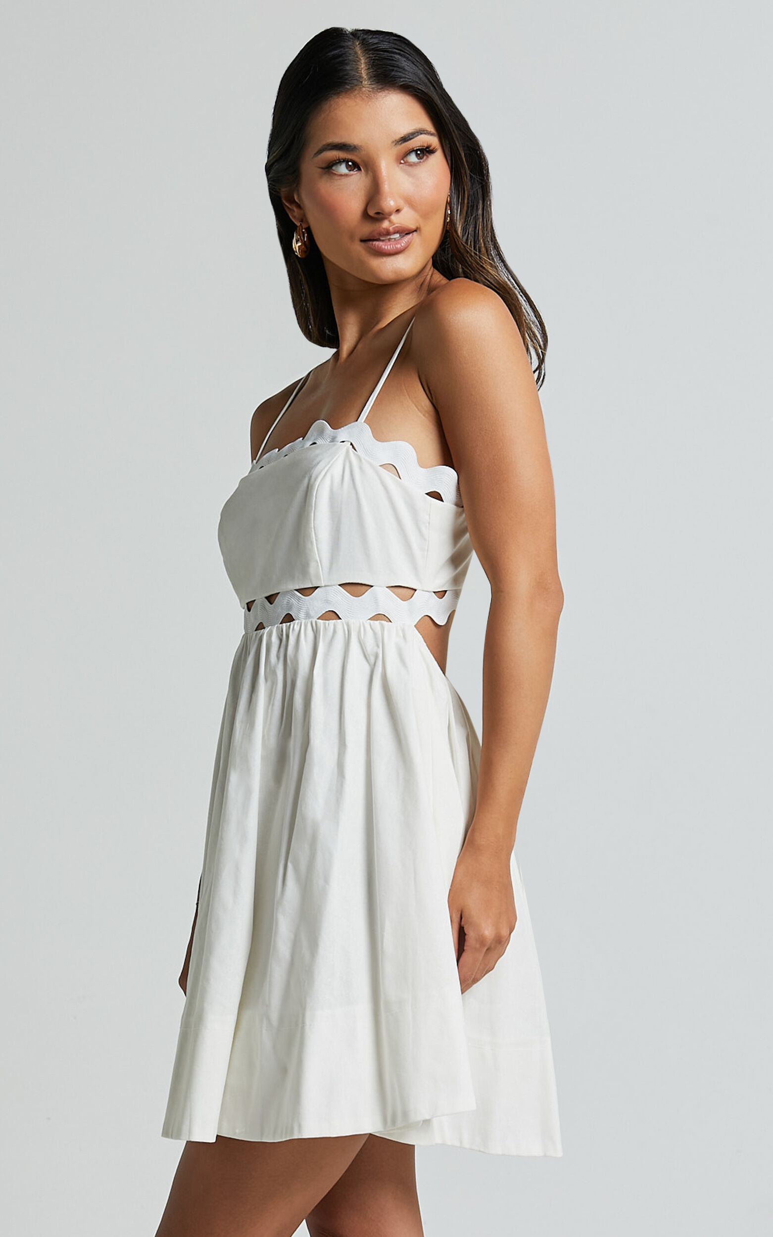 Brylee Mini Dress - Strappy Wave Neck Pleated Dress in White