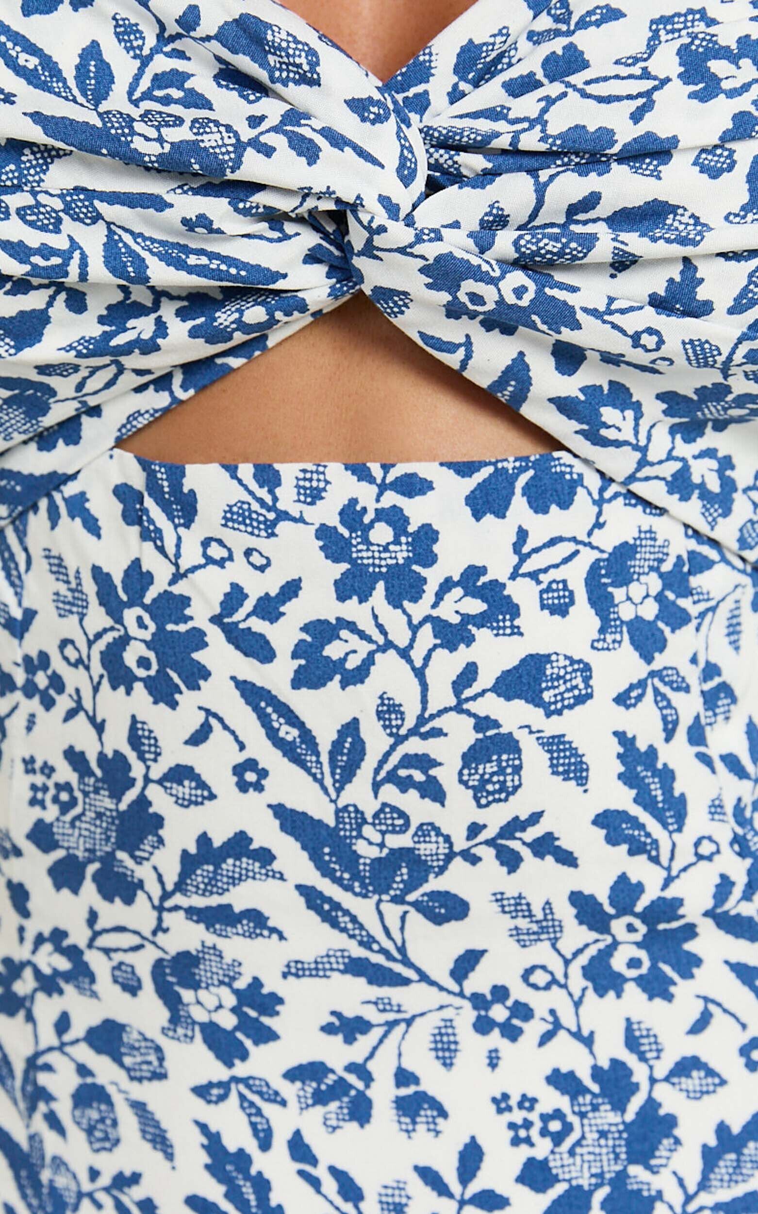 Sally Midi Dress - Flutter Sleeve Cut Out Thigh Split Dress in Blue Floral