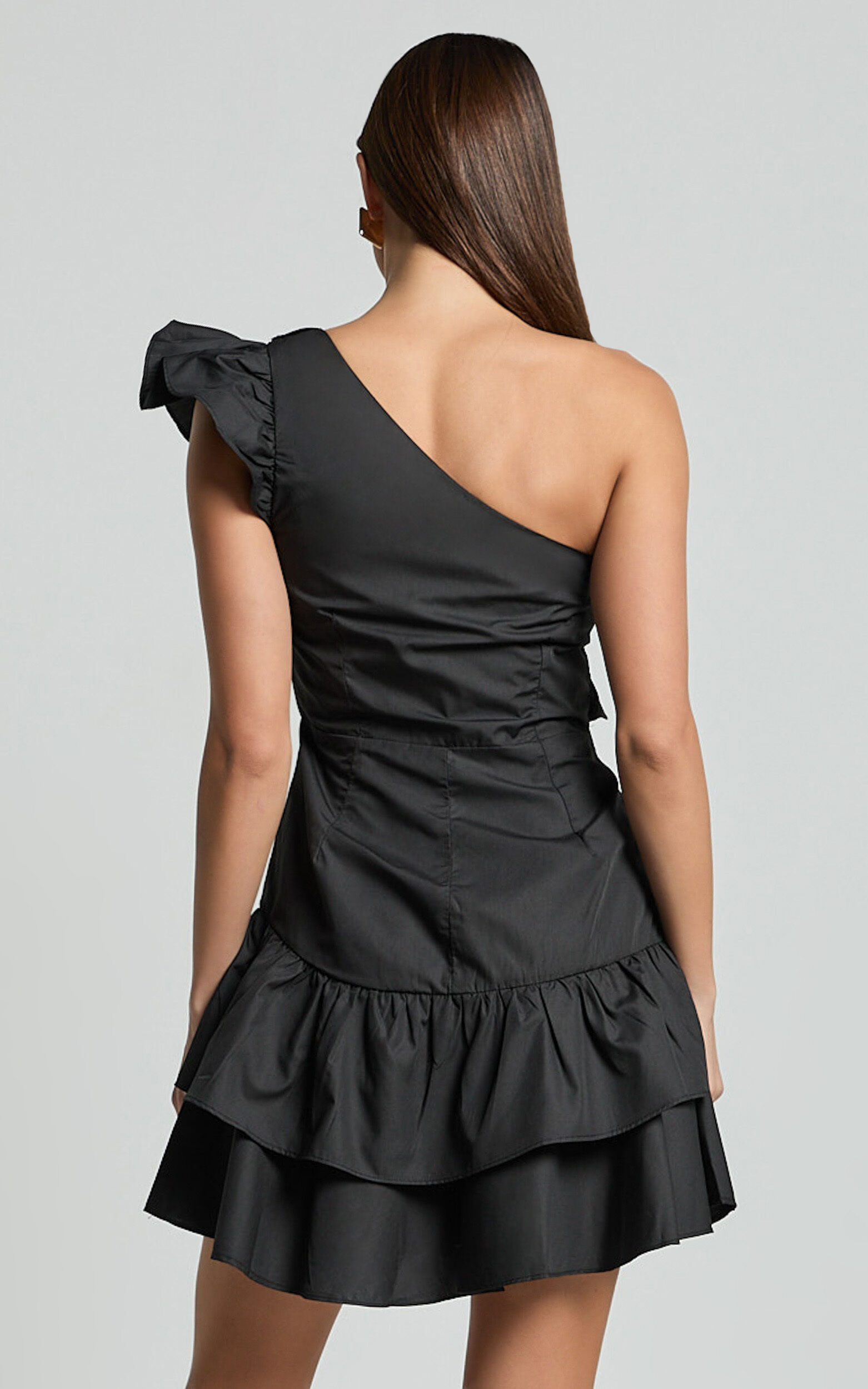 Valerie Mini Dress - One Shoulder Ruffle Detail A Line Dress in Black