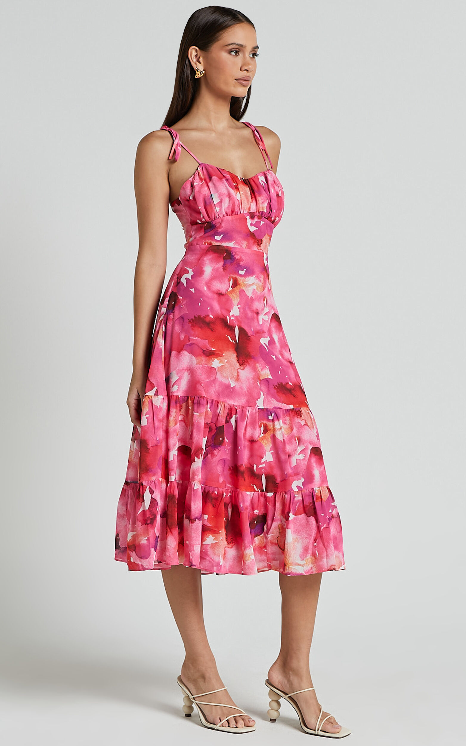 Marina Midi Dress - Tie Shoulder Ruched Bust Dress in Evie Print