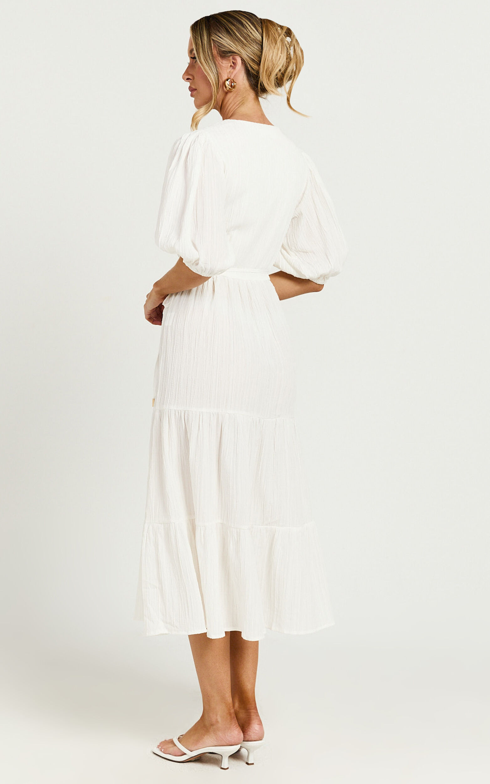 Junmae Midi Dress - Tiered Waffle Wrap Dress in Ivory