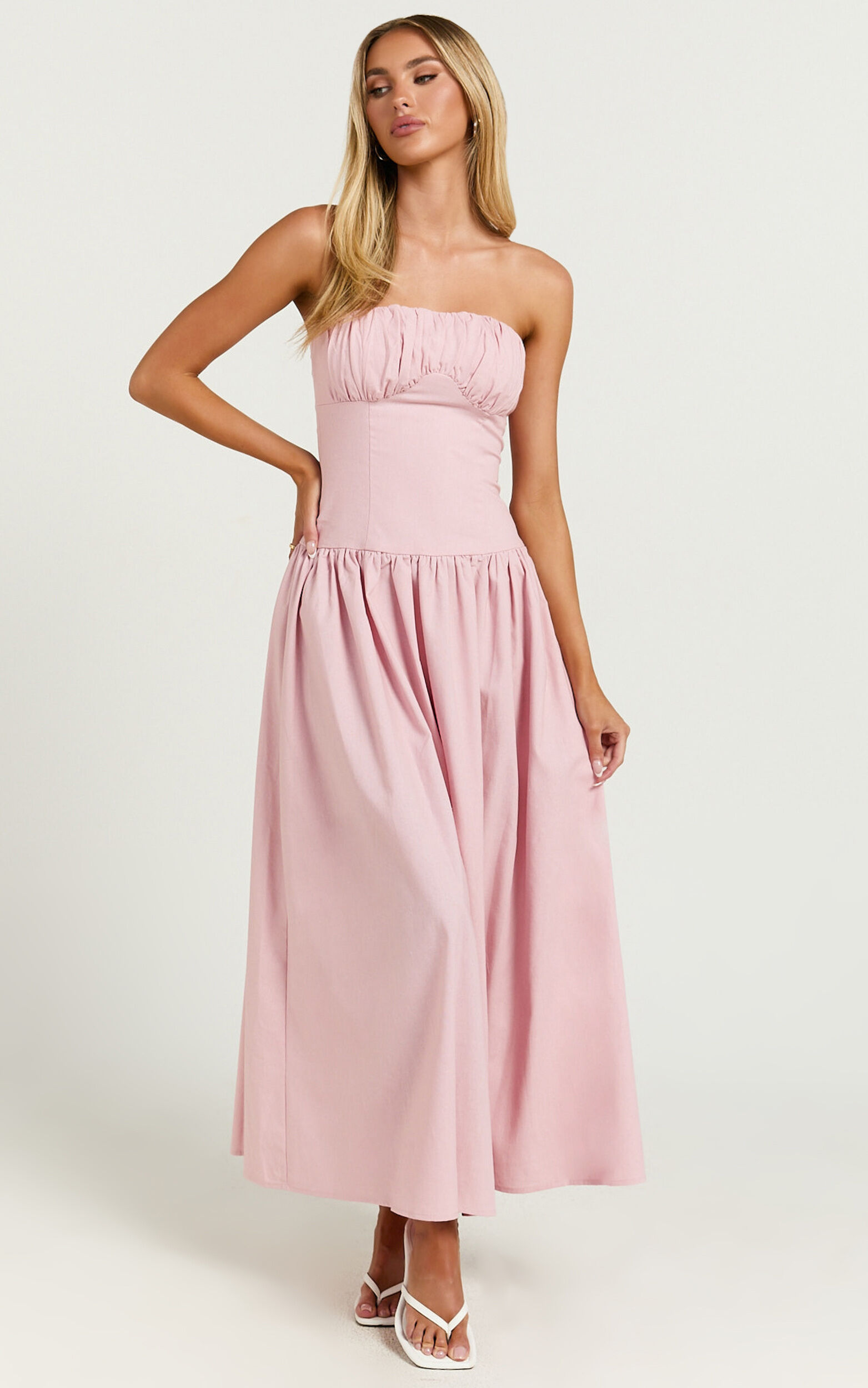 Jerah Midi Dress - Ruched Bust Full Skirt Dress in Pink