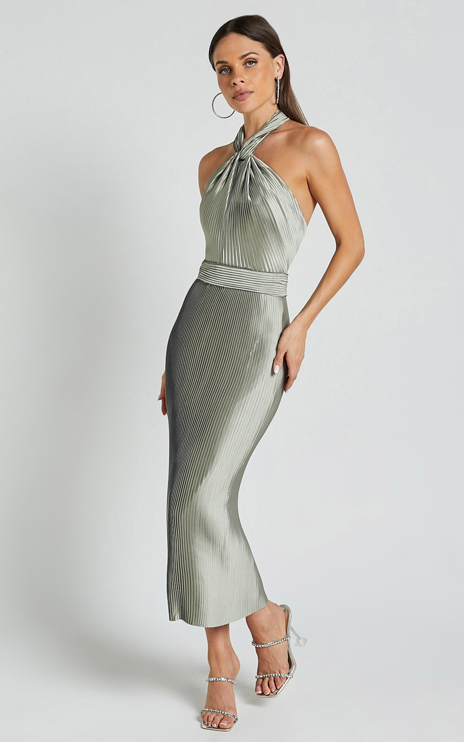 Marlette Midi Dress - Pleated Open Back Halter Dress in Sage