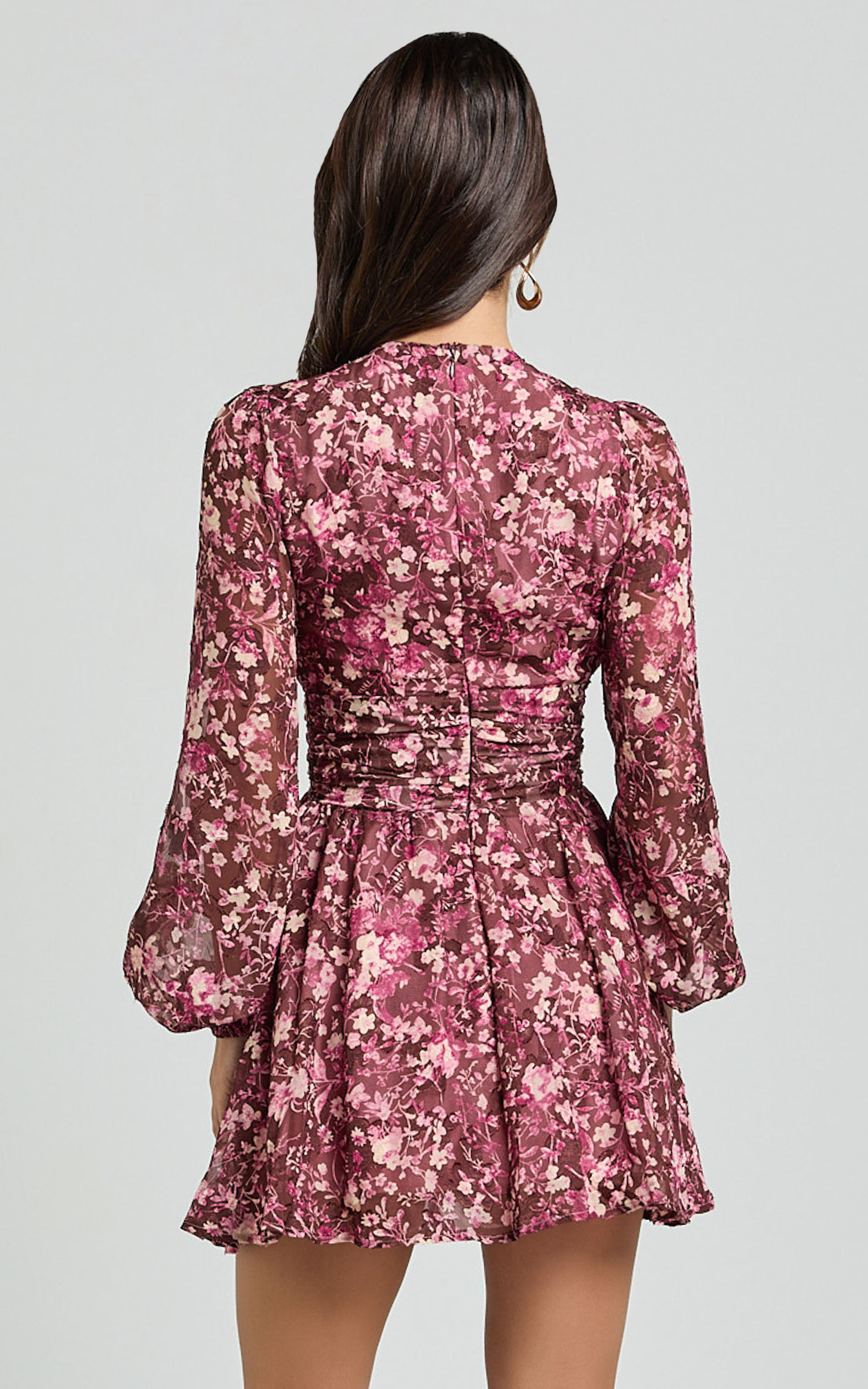 Eleanor Mini Dress - Plunge Twist Front Jacquard Dress in Wine Floral