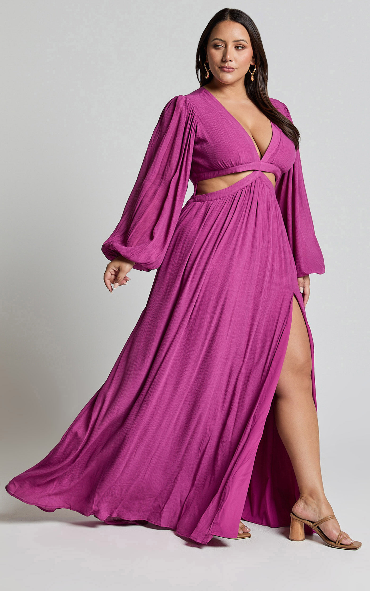 Paige Maxi Dress - Side Cut Out Balloon Sleeve Dress in Orchid