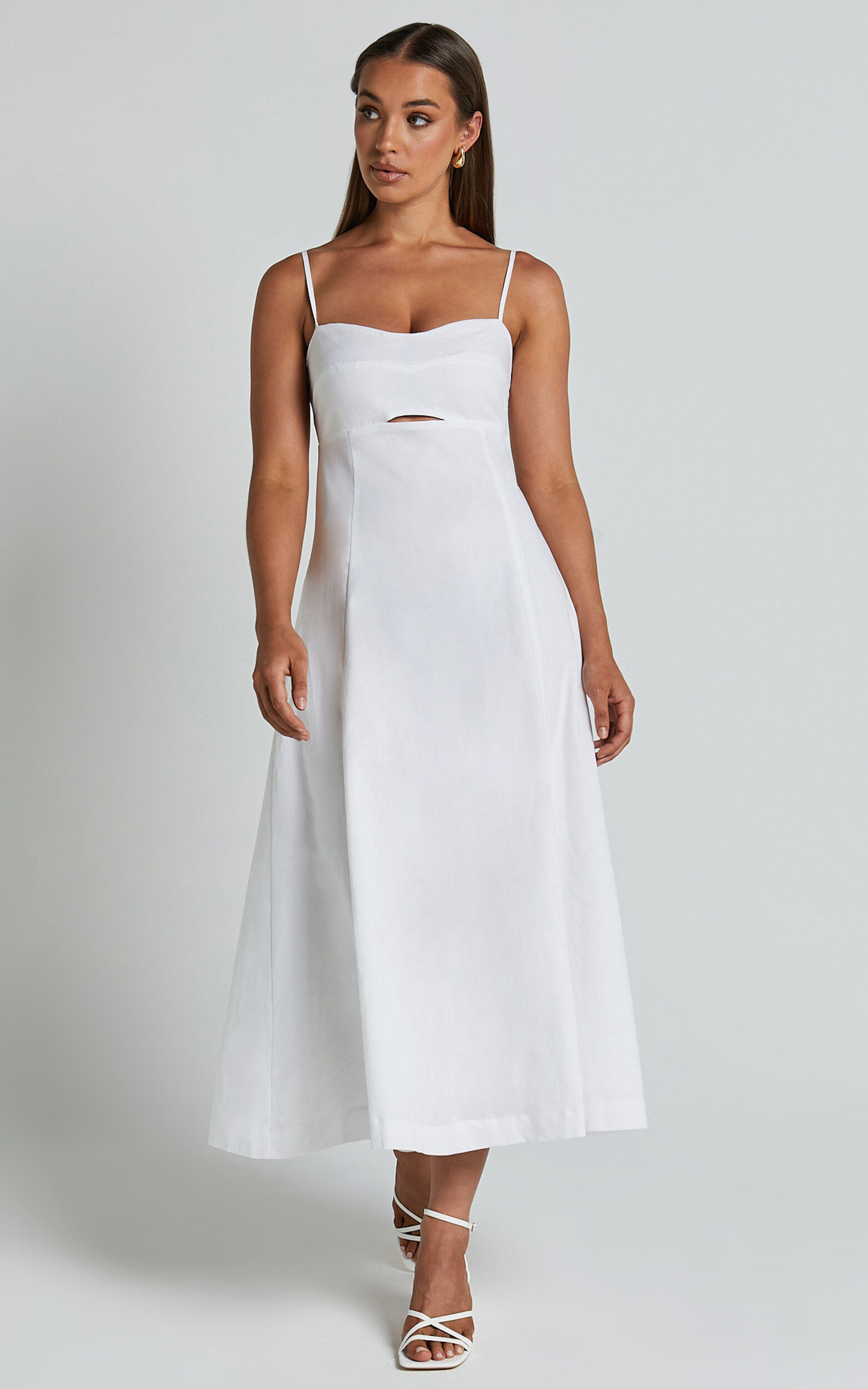 Amalie The Label - Carietta Linen Blend Strappy Sweetheart Cut Out A Line Midi Dress in White