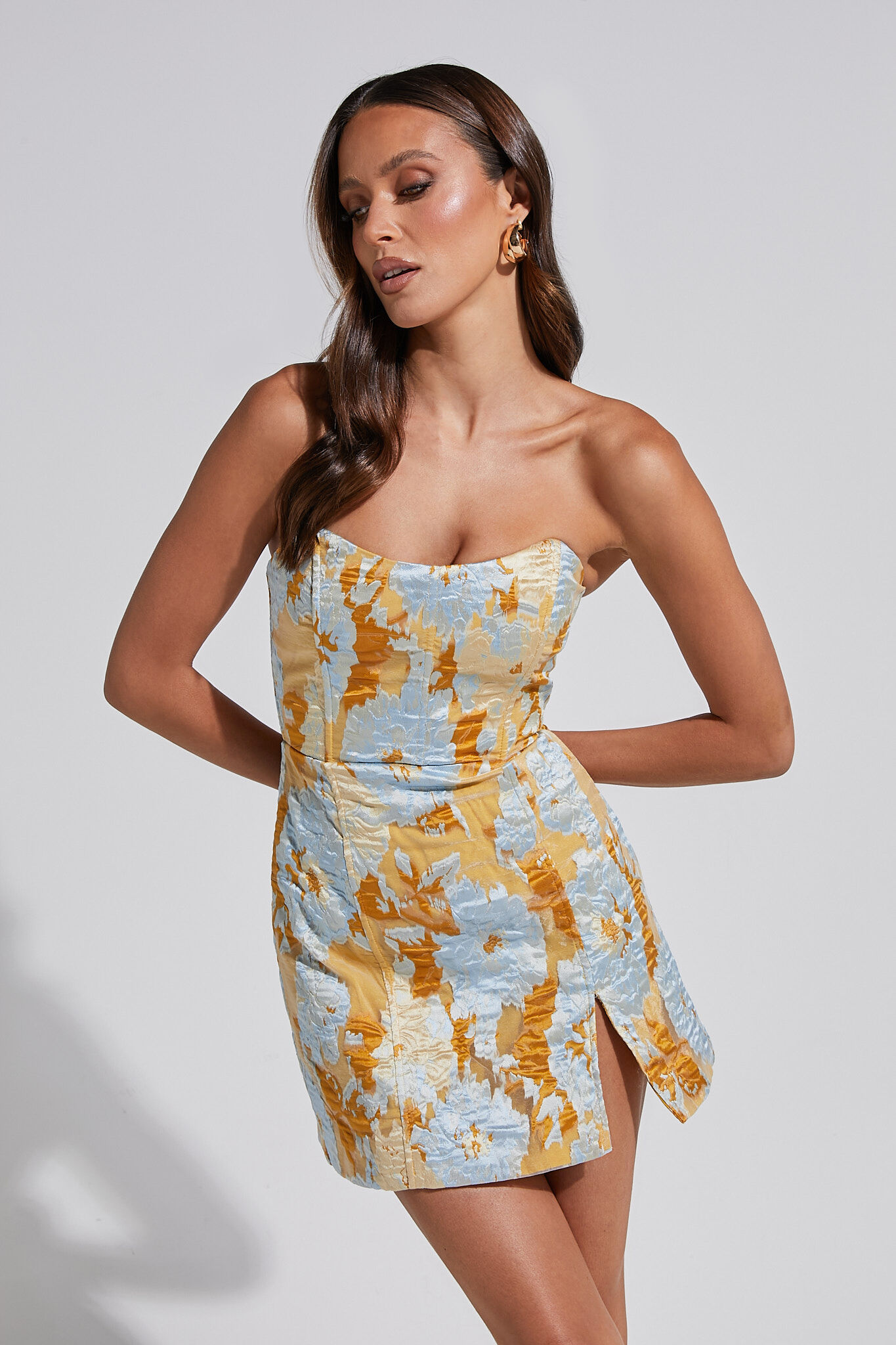 Brailey Mini Dress - Strapless Dress in Blue Jacquard