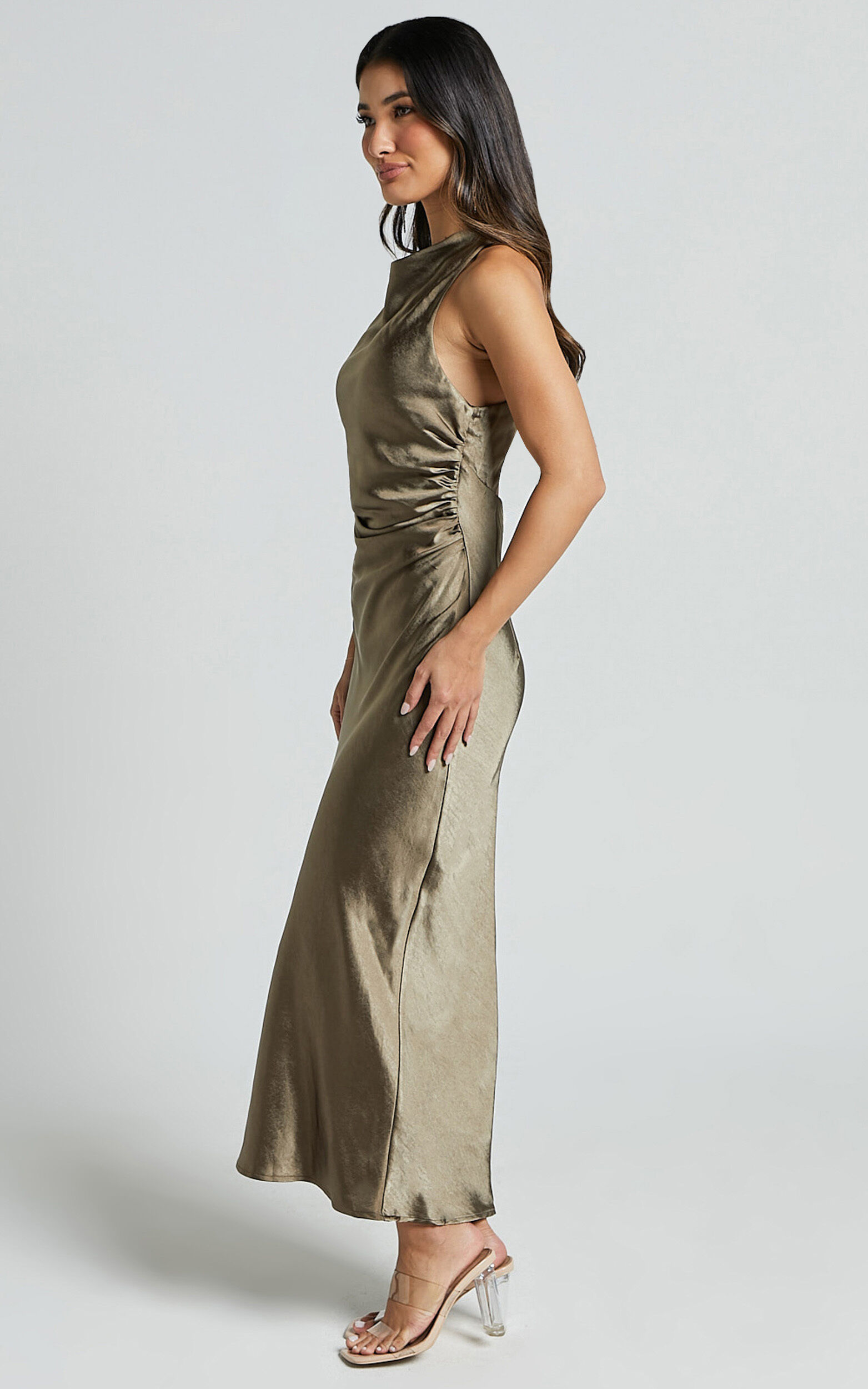 Aluna Midi Dress - High Neck Cross Back Satin Slip Dress in Olive