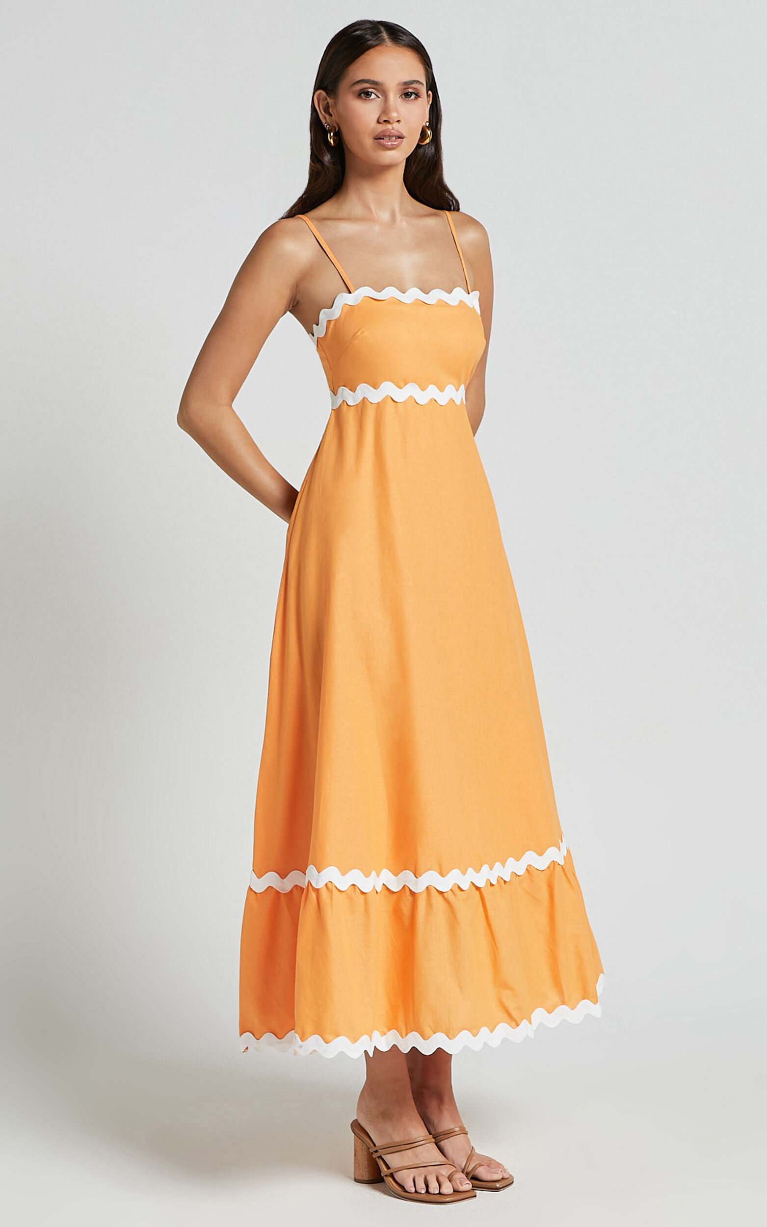 Moriseth Midi Dress - Linen Sleeveless Fit Flare Dress in Orange