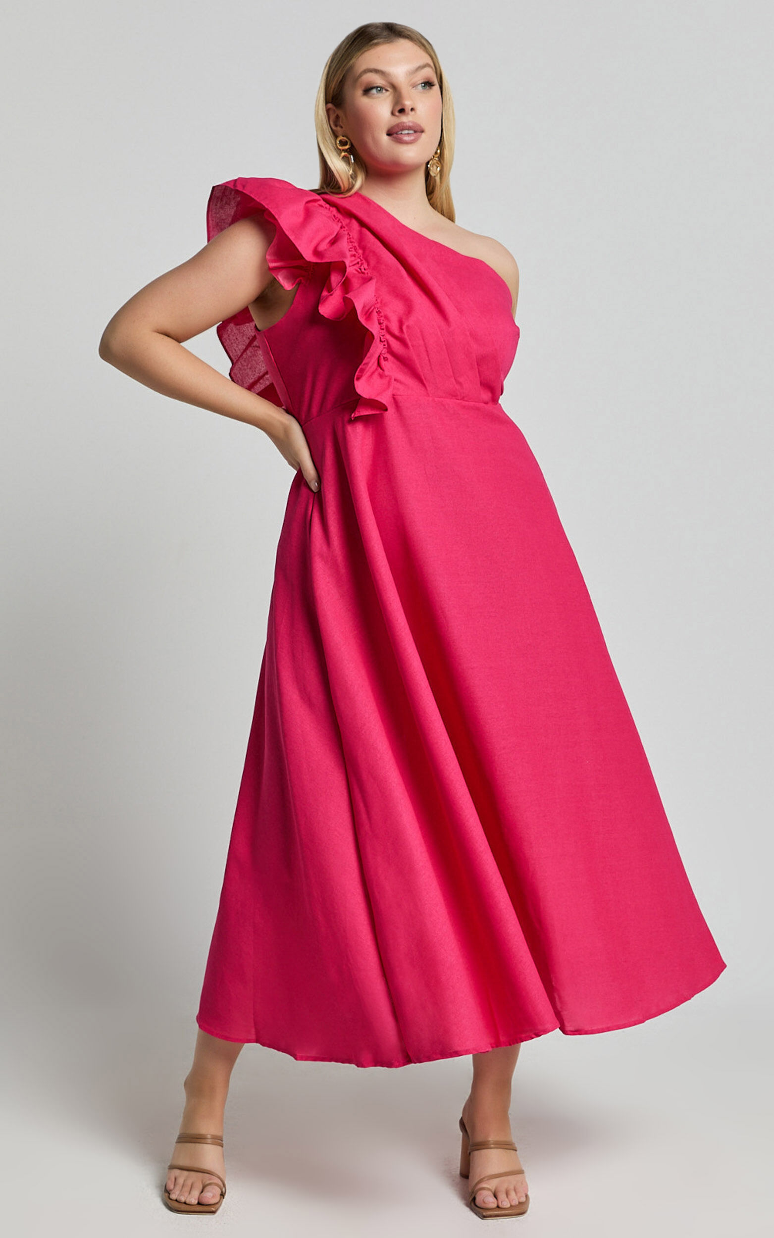Dixie Midi Dress - Linen Look One Shoulder Ruffle Dress in Raspberry