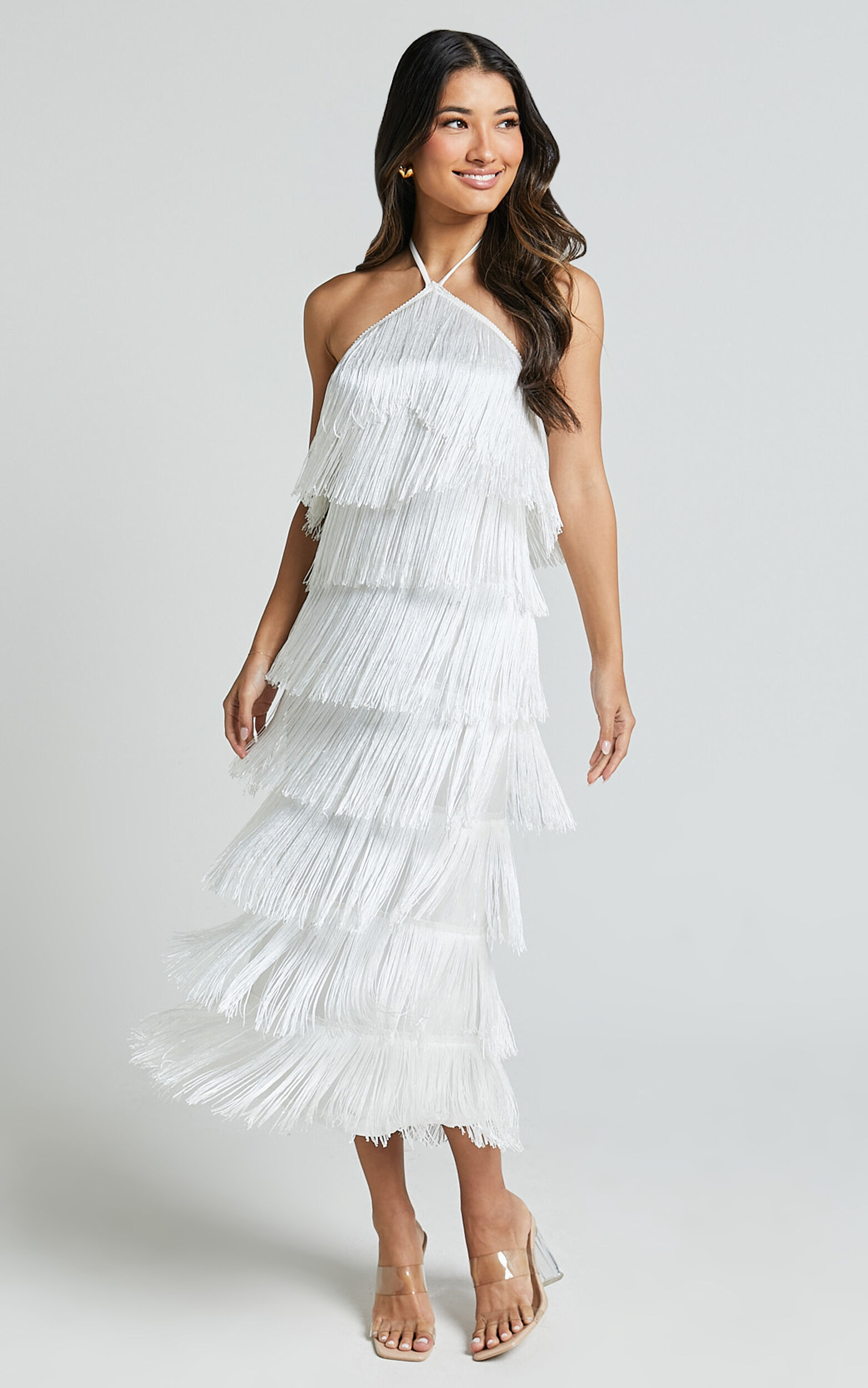 Trixie Maxi Dress - Diamond Halter Neck Fringe Tiered Dress in White