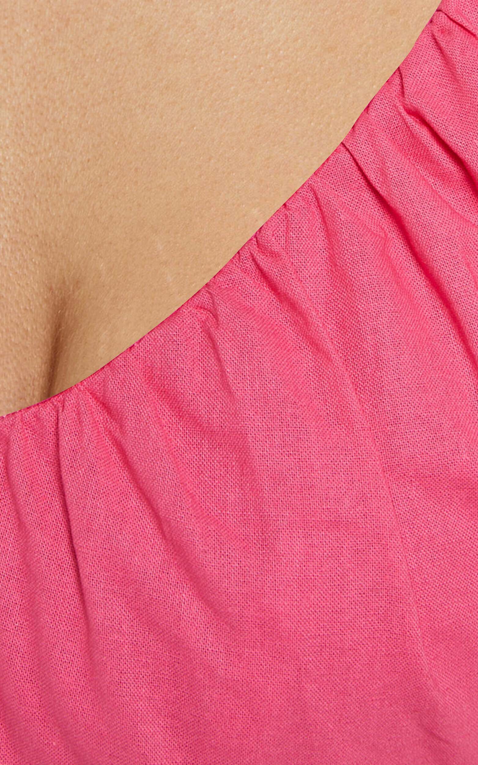 Carli Mini Dress - Linen Ruched Bodice Bell Sleeve Dress in Pink