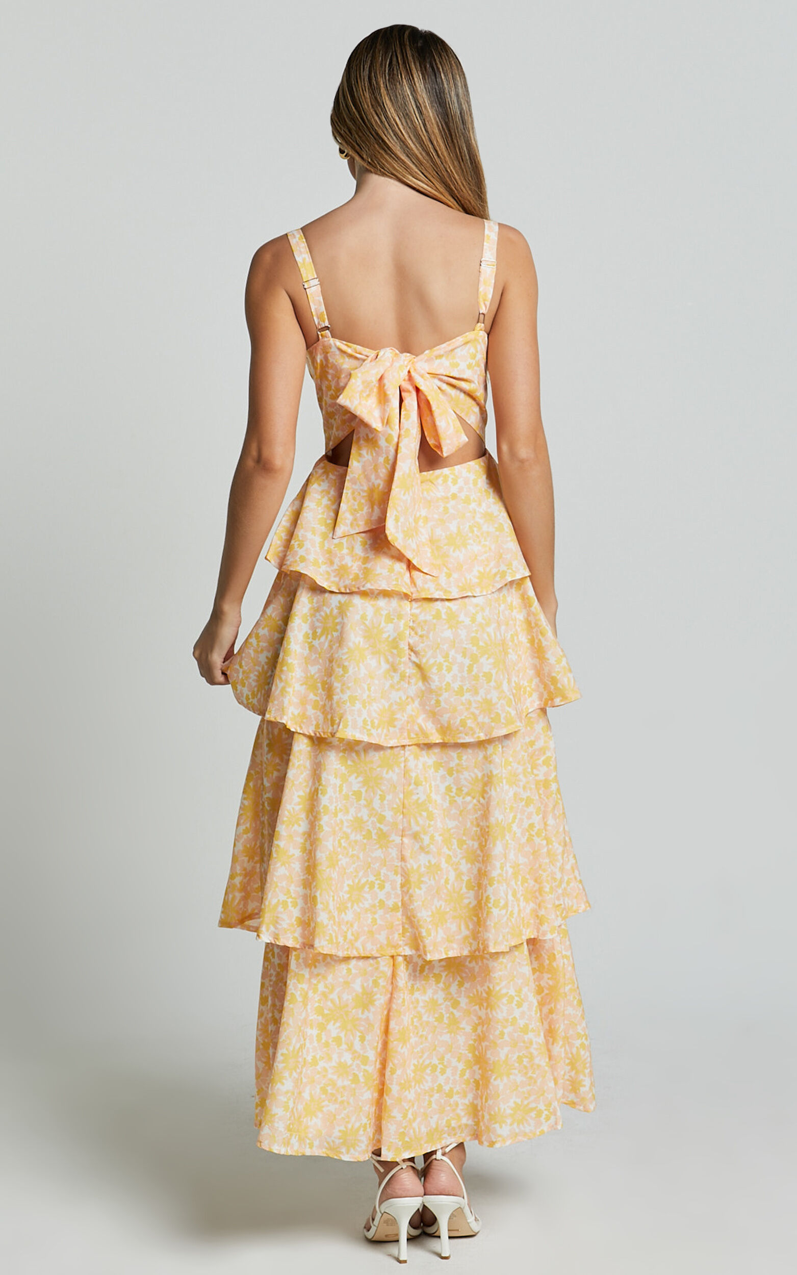 Lorma Midi Dress - Ruched Layered Dress in Orange Floral