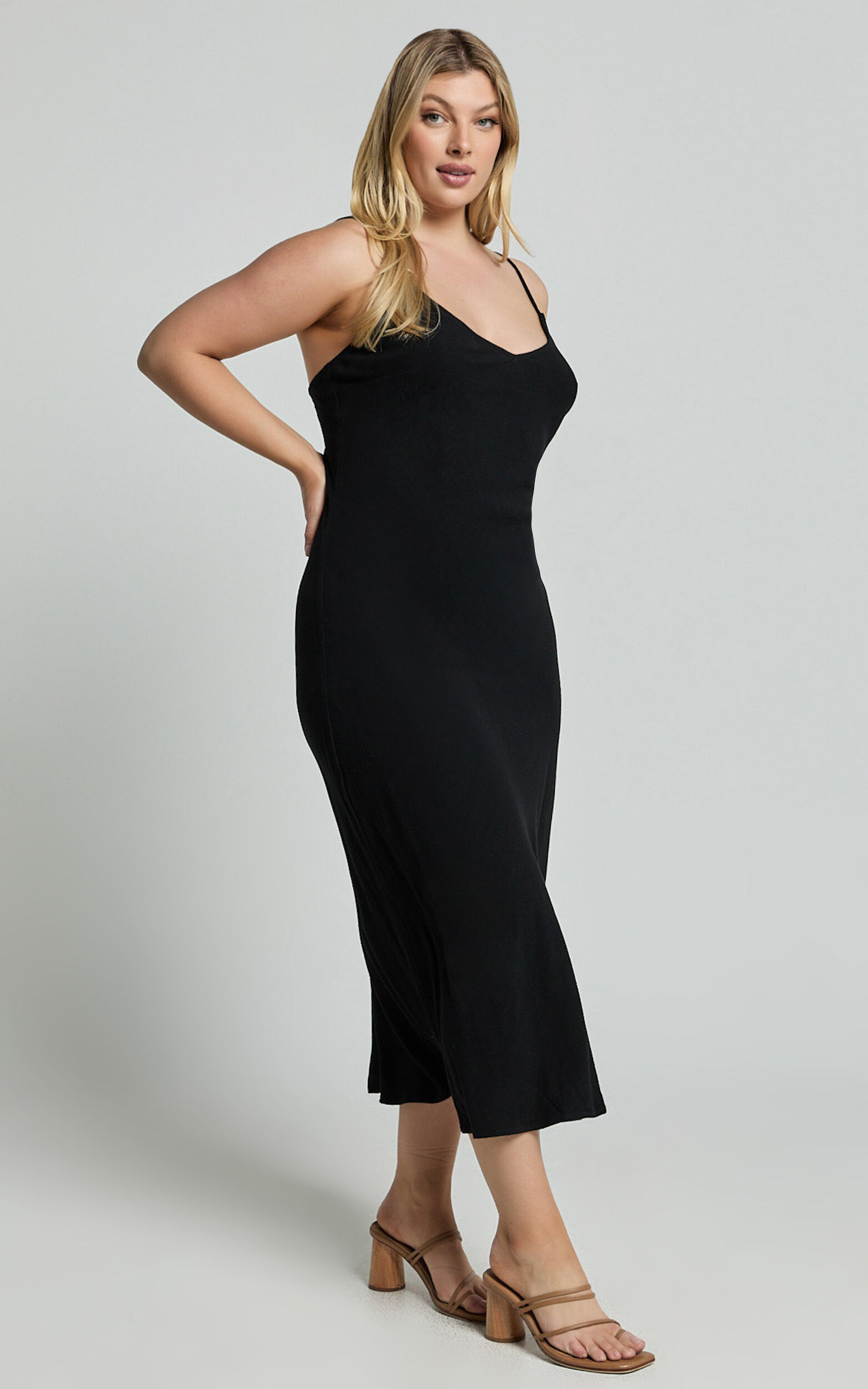 Delaina Midi Dress - Linen Look Strappy V Neck Bias Cut Slip in Black