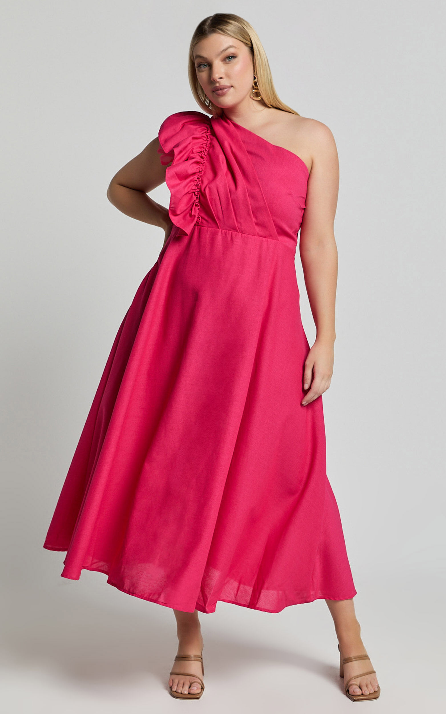 Dixie Midi Dress - Linen Look One Shoulder Ruffle Dress in Raspberry