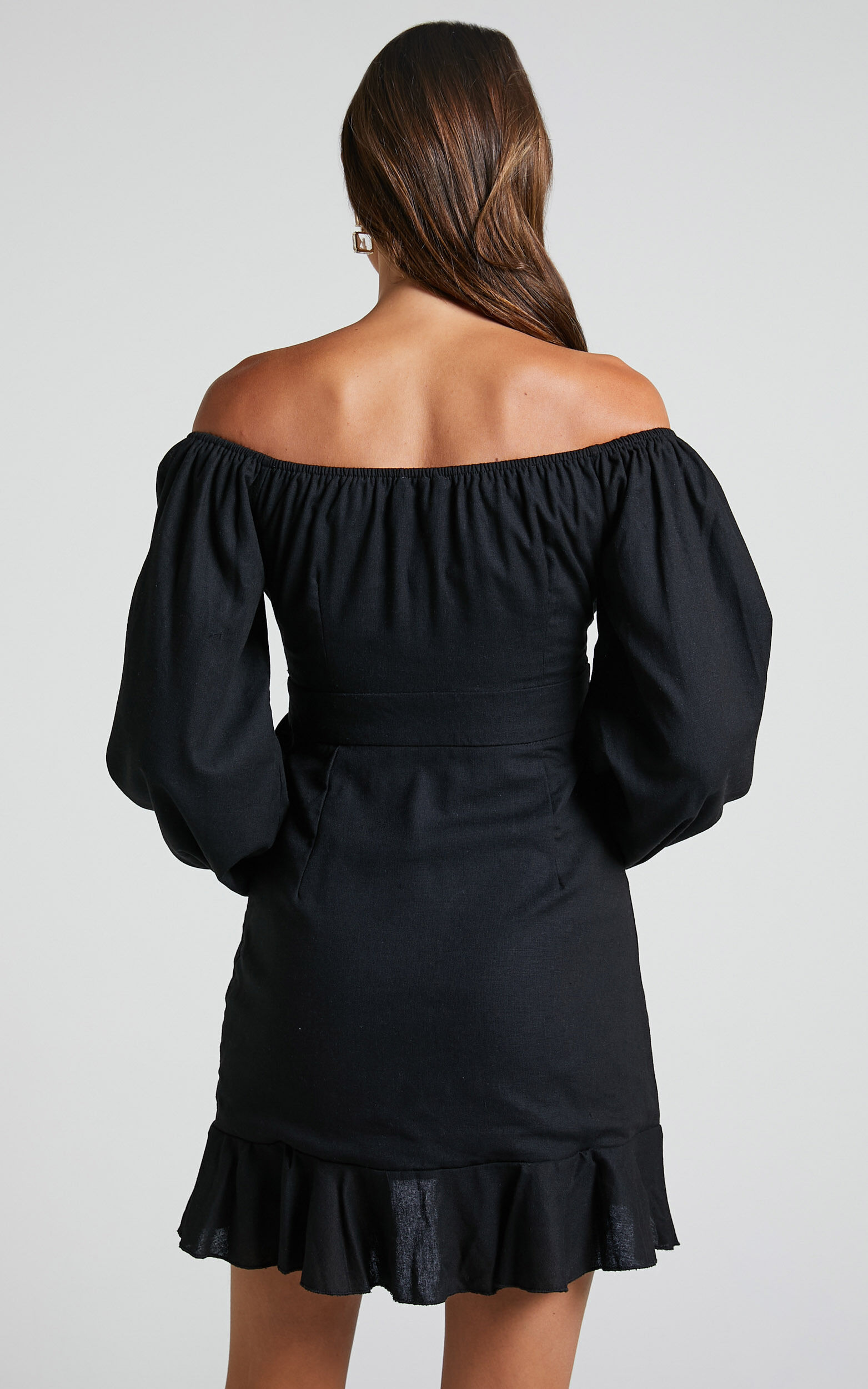 Cant Move On Off Shoulder Mini Linen Dress in Black Linen Look