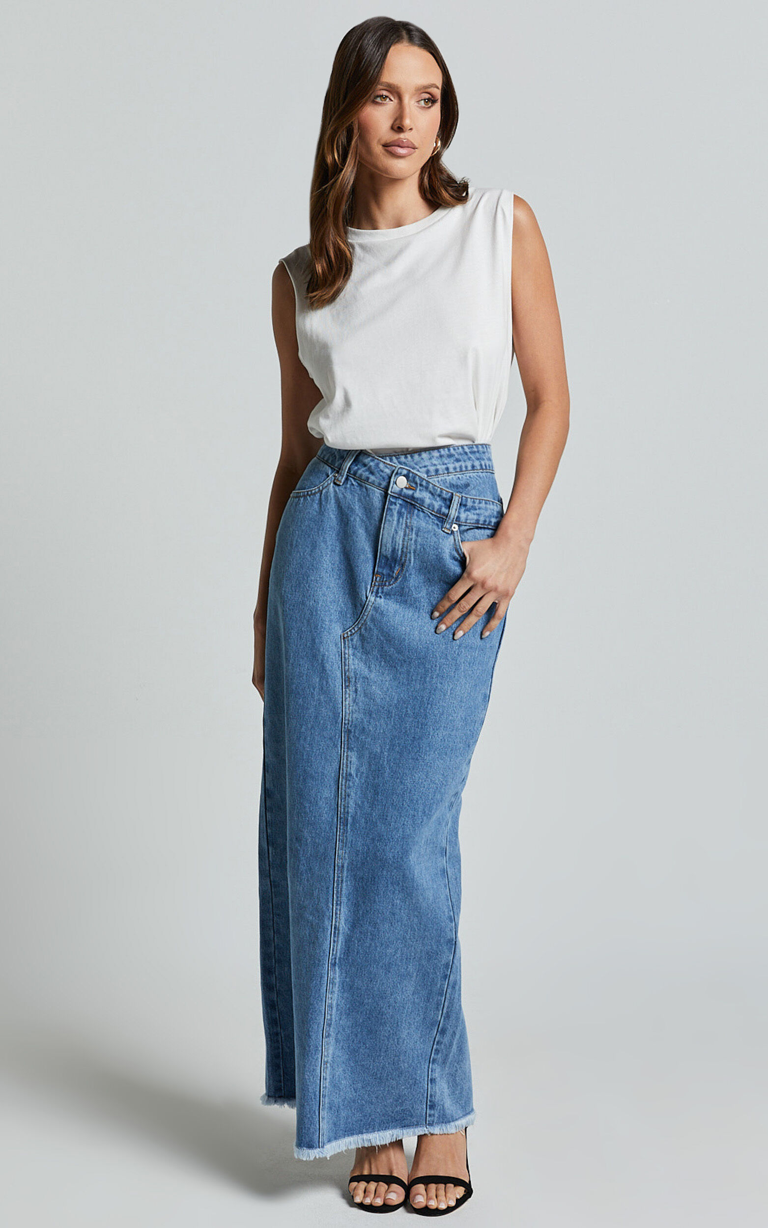 Evelyn Maxi Skirt - High Asymmetrical Waist Frayed Hem Denim Skirt in Mid Blue Wash