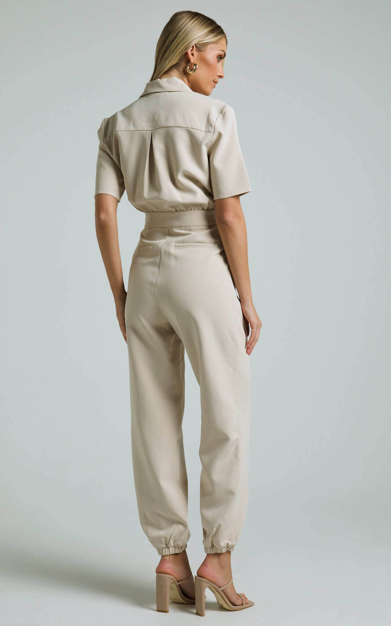 Coco Jumpsuit - Collared Short Sleeve Straight Leg Jumpsuit in Stone