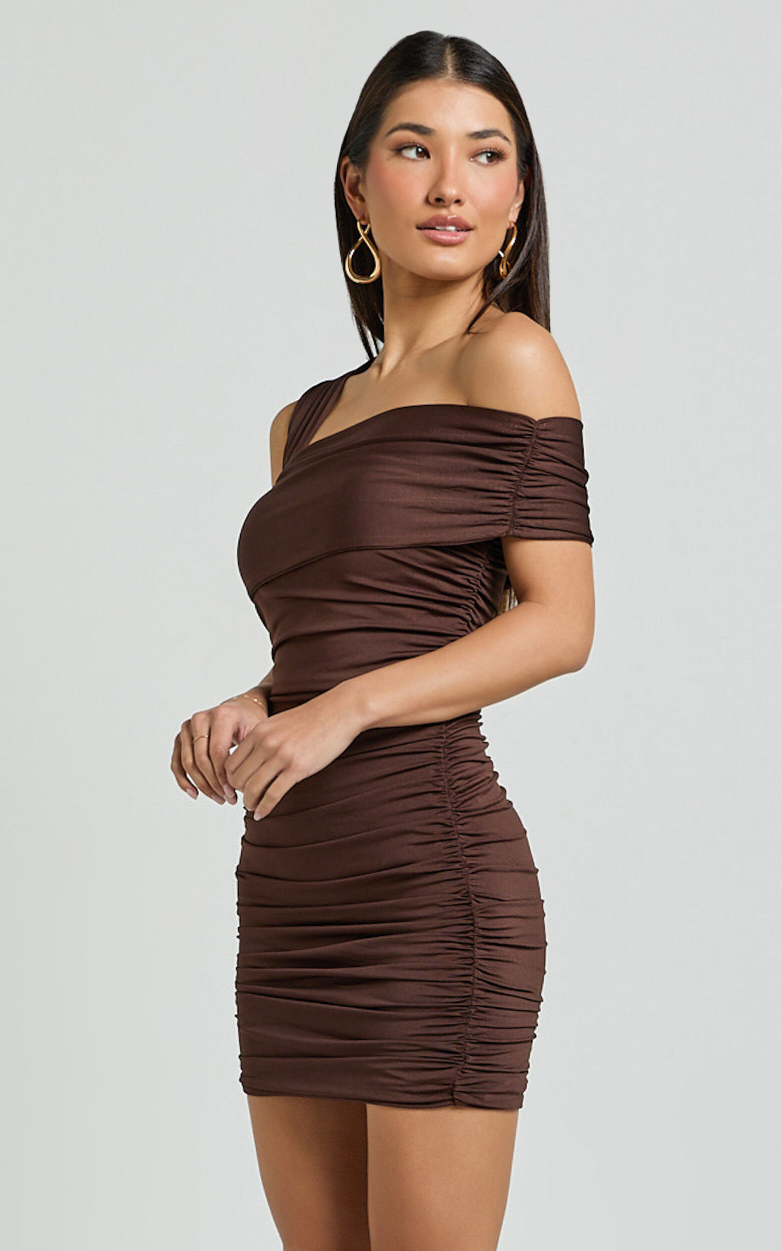 Meadow Mini Dress - Asymmetrical Off Shoulder Jersey Ruched Dress in Chocolate