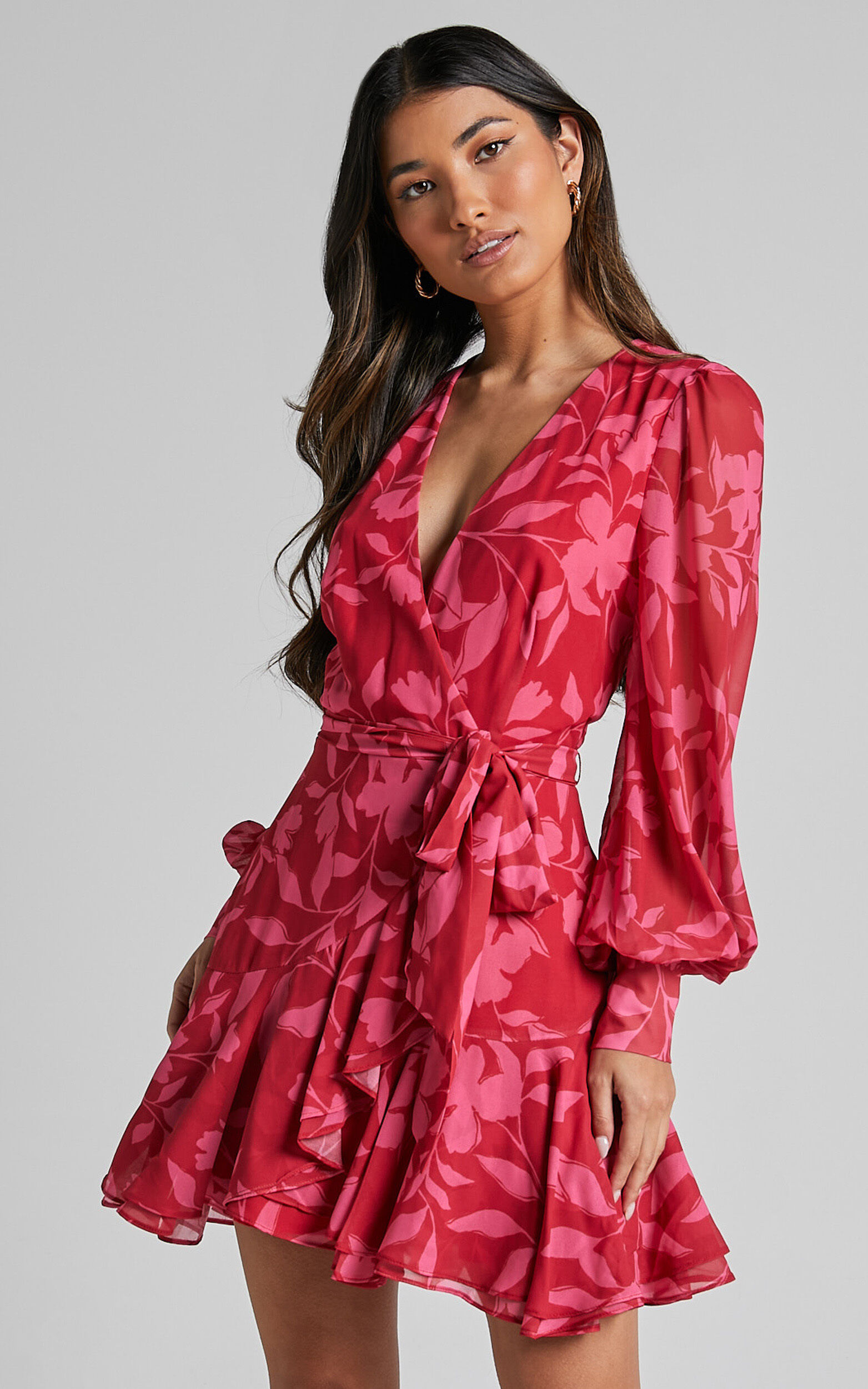 Aronia Mini Dress - V Neck Long Bishop Sleeve Ruffle Hem Wrap Dress in Havana Silhouette floral