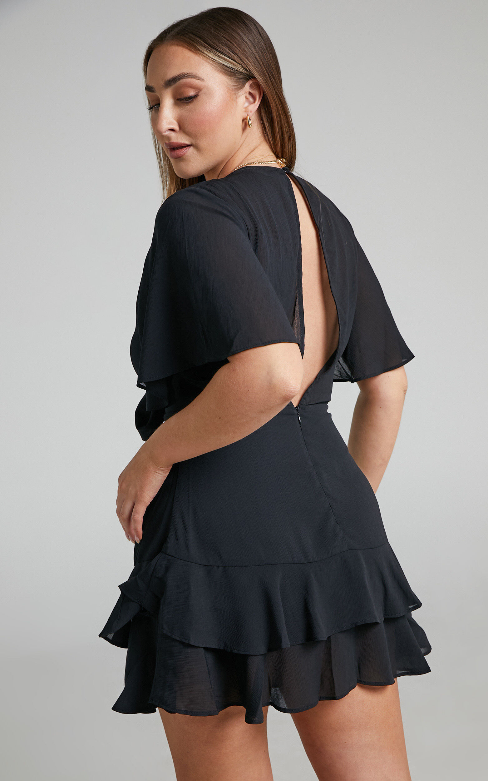 Ezilita Mini Dress - Tie Front Angel Sleeve Tiered Dress in Black