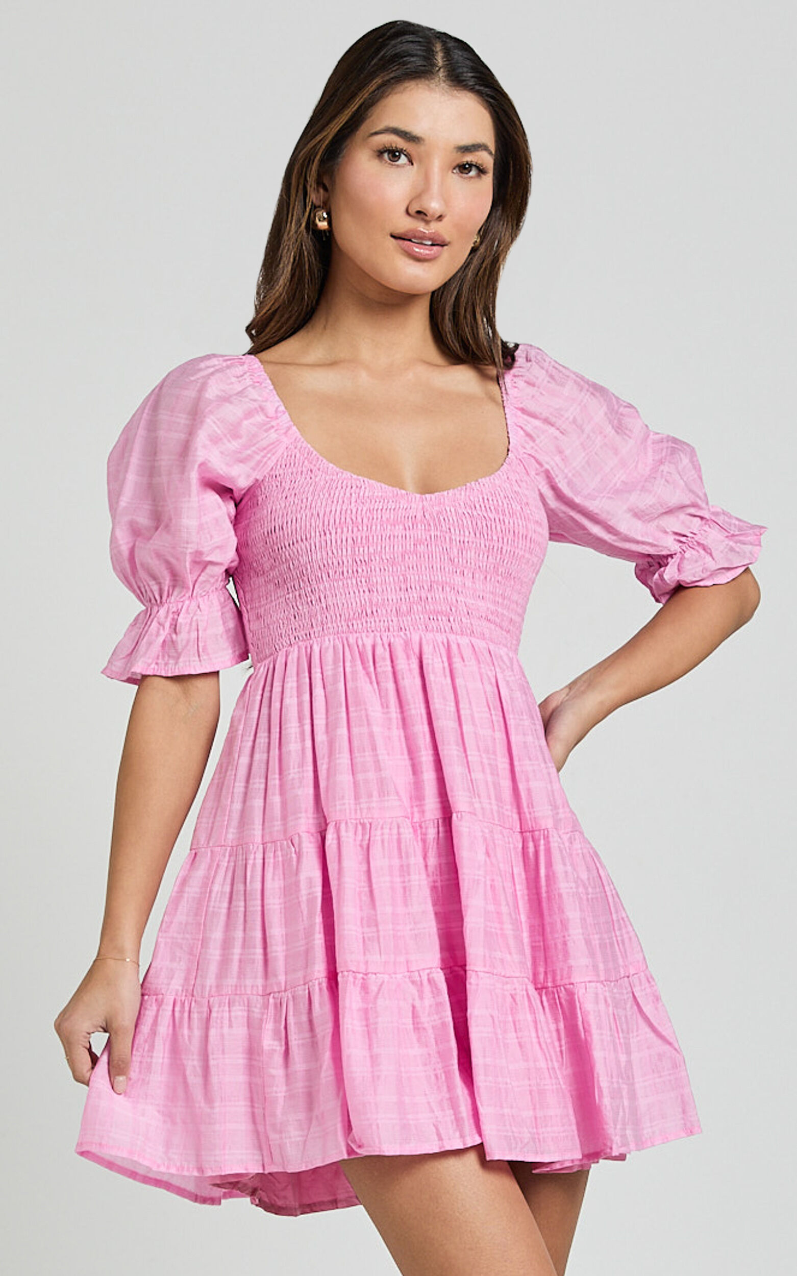 Britany Mini Dress - Shirred Puff Sleeve Tiered Dress in Pink
